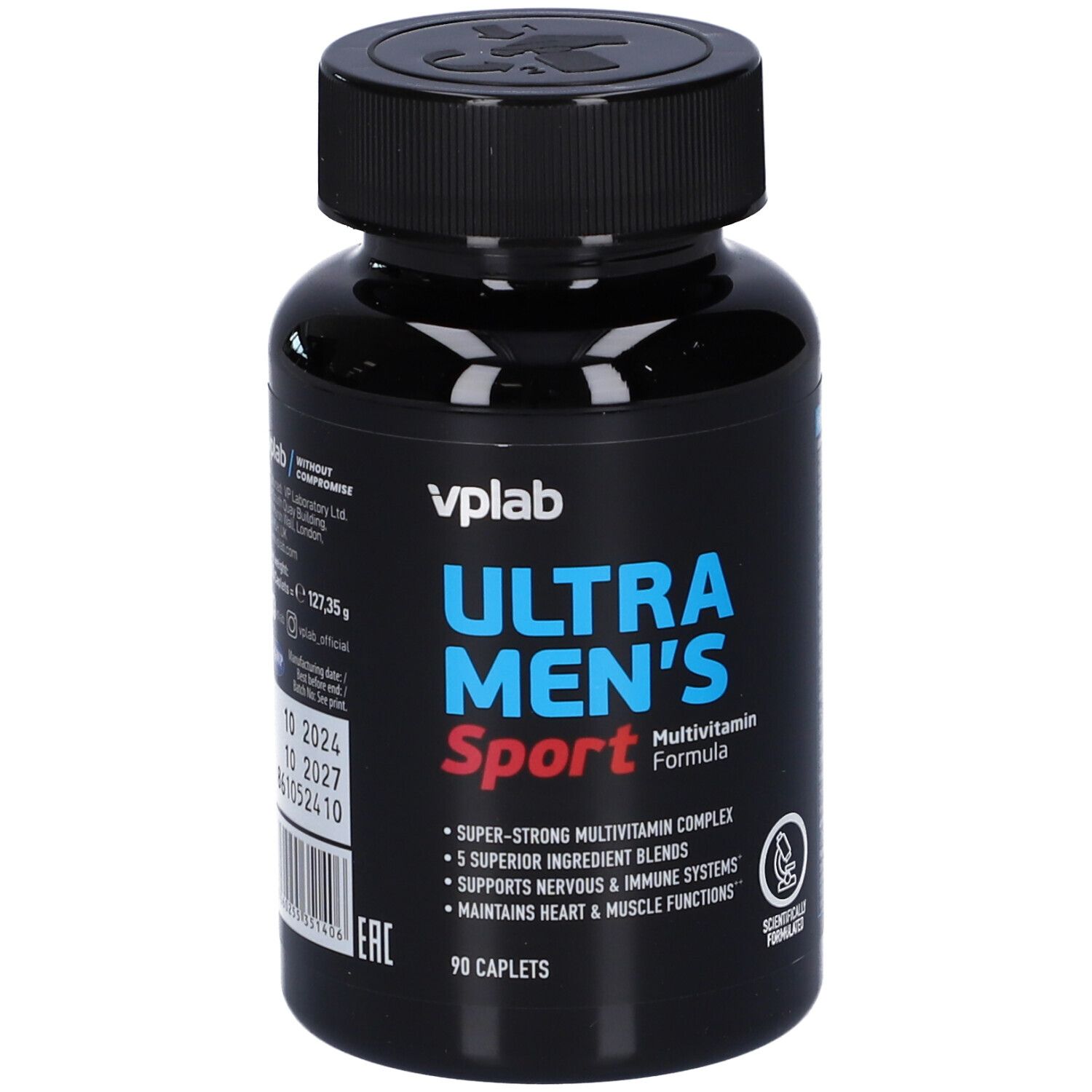 Confezione nera con testo blu e rosso. Contiene 90 capsule. Scritta: ULTRA MEN'S Sport Multivitamin Formula.