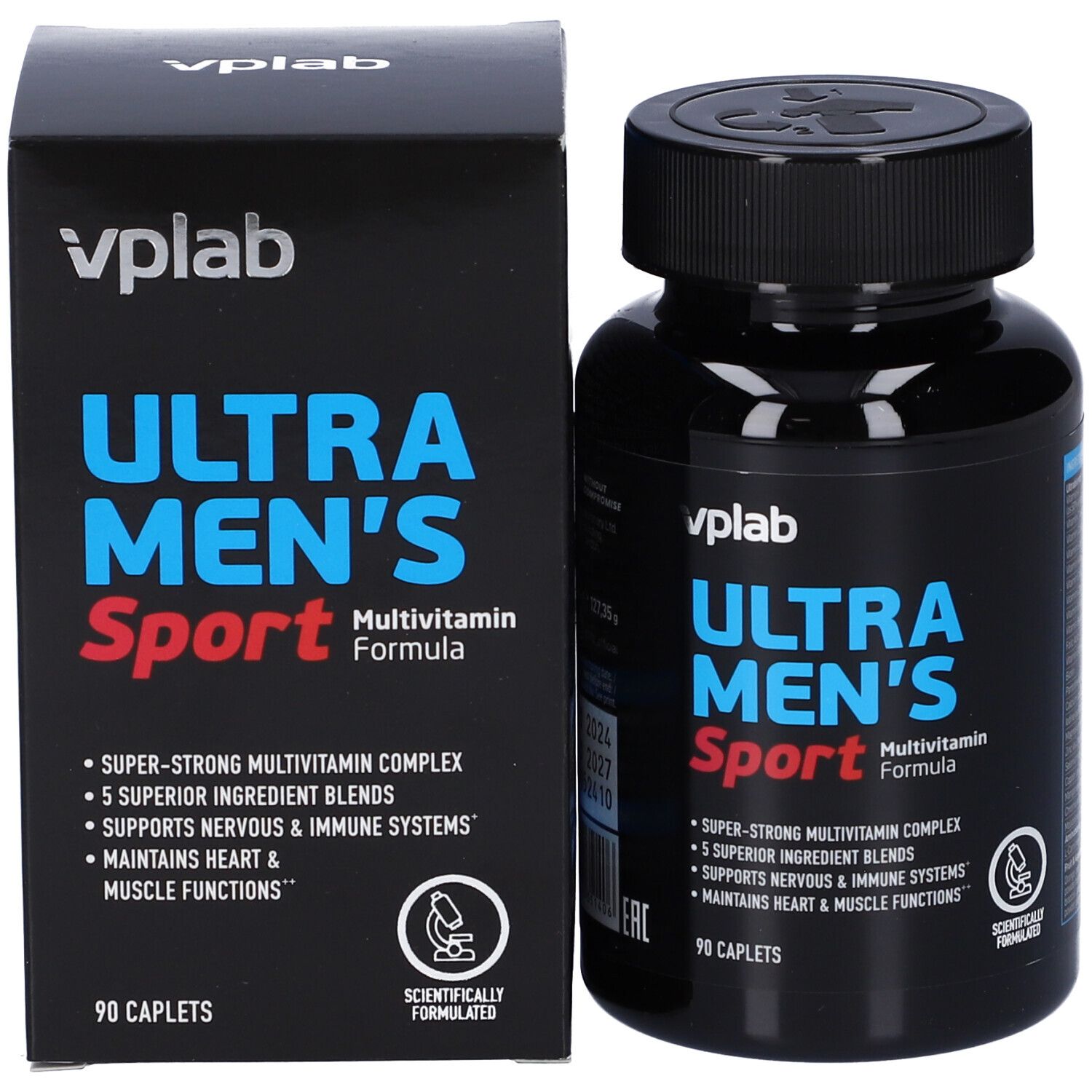 Confezione nera con testo blu e rosso. Contiene 90 capsule. Scritta: ULTRA MEN'S Sport Multivitamin Formula.