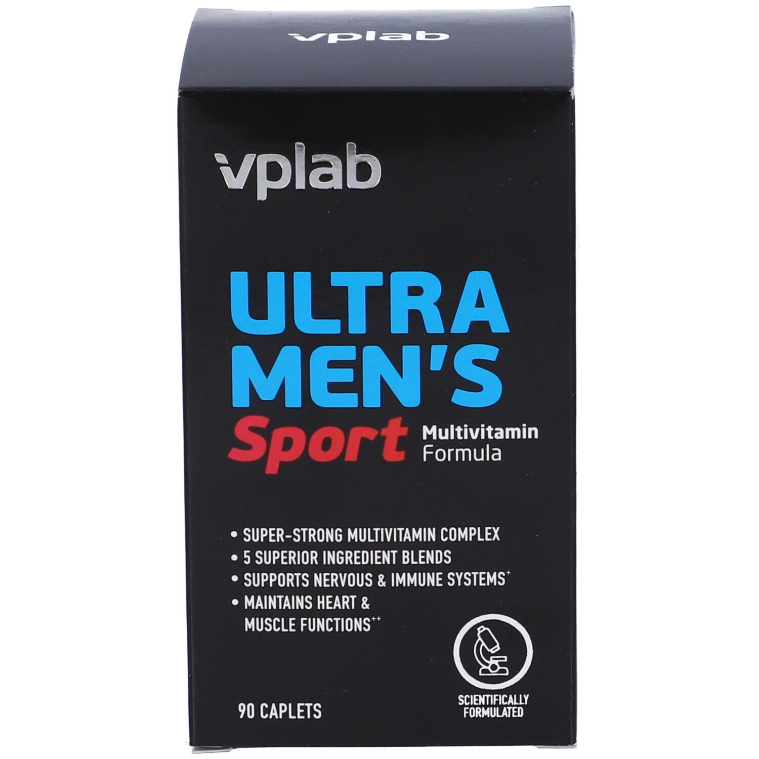 Confezione nera con testo blu e rosso. Contiene 90 capsule. Scritta: ULTRA MEN'S Sport Multivitamin Formula.
