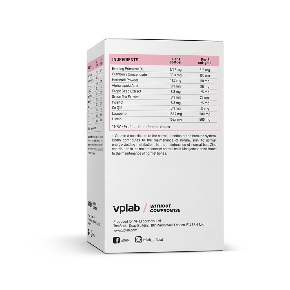 Retro della confezione bianca. Mostra ingredienti e informazioni nutrizionali. Marchio: VPLAB. Senza compromessi.