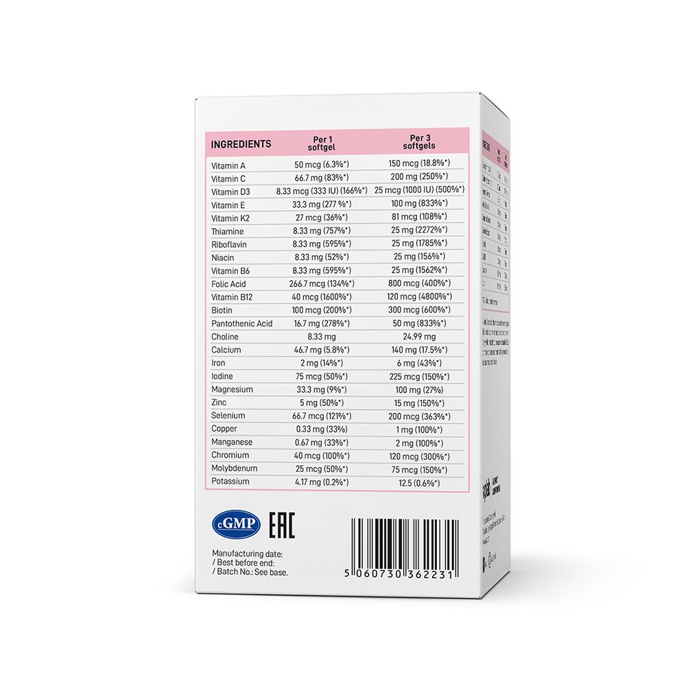 Retro della confezione con tabella ingredienti. Contiene informazioni su vitamine e minerali. Certificazione GMP.