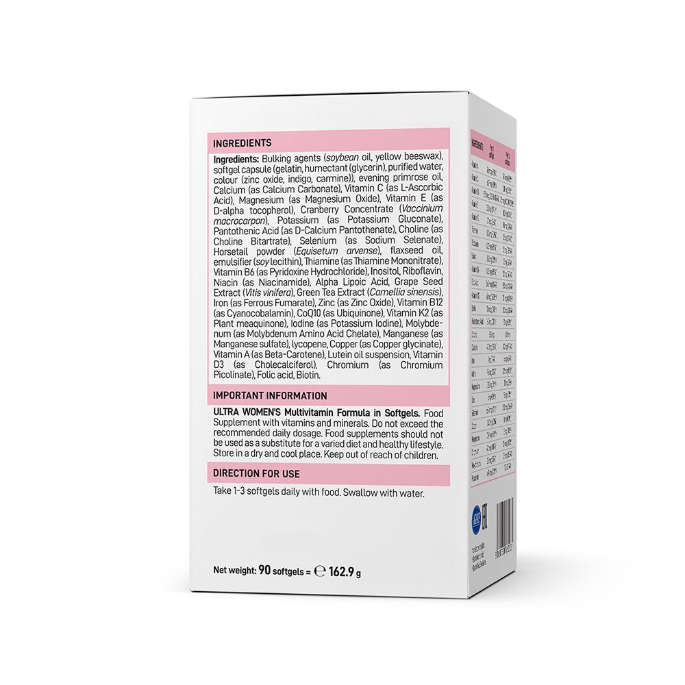 Retro della confezione con ingredienti e istruzioni per l'uso. Contiene 90 softgel. Peso netto: 162,9 g.