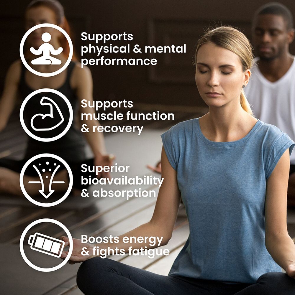 Donna che medita. Simboli e testo: Supporta le prestazioni fisiche e mentali, la funzione muscolare e il recupero, la biodisponibilità.