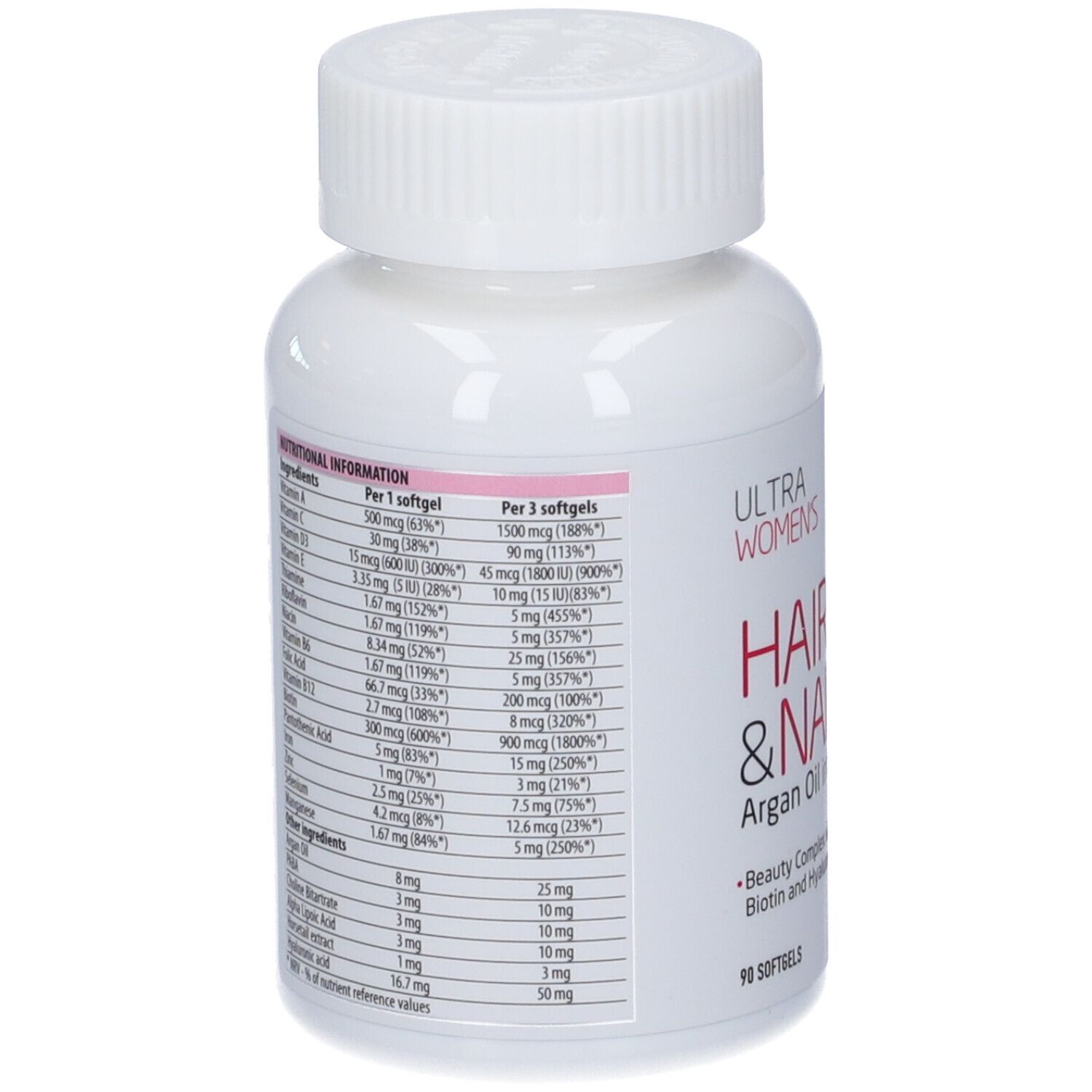 Retro del flacone con informazioni nutrizionali. Mostra gli ingredienti e i valori nutrizionali per softgel e per 3 softgel.