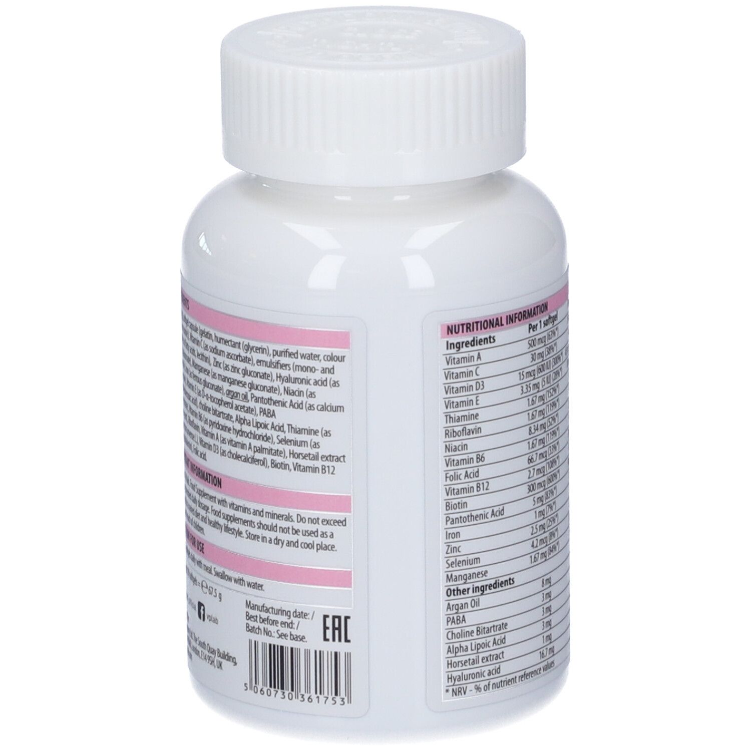 Retro del flacone con ingredienti, informazioni importanti e istruzioni per l'uso. Testo in inglese.