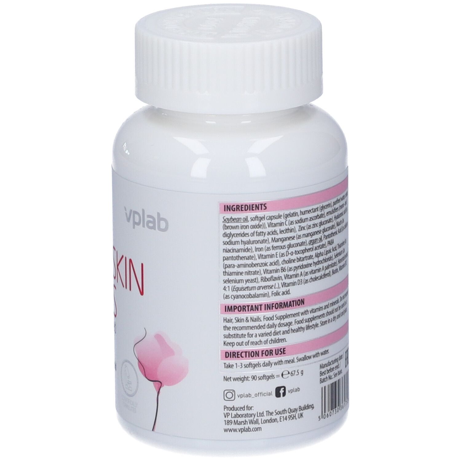 Flacone bianco con nome e logo del prodotto. Nome del prodotto: Hair, Skin & Nails. Marchio: VPLAB Ultra Women's.