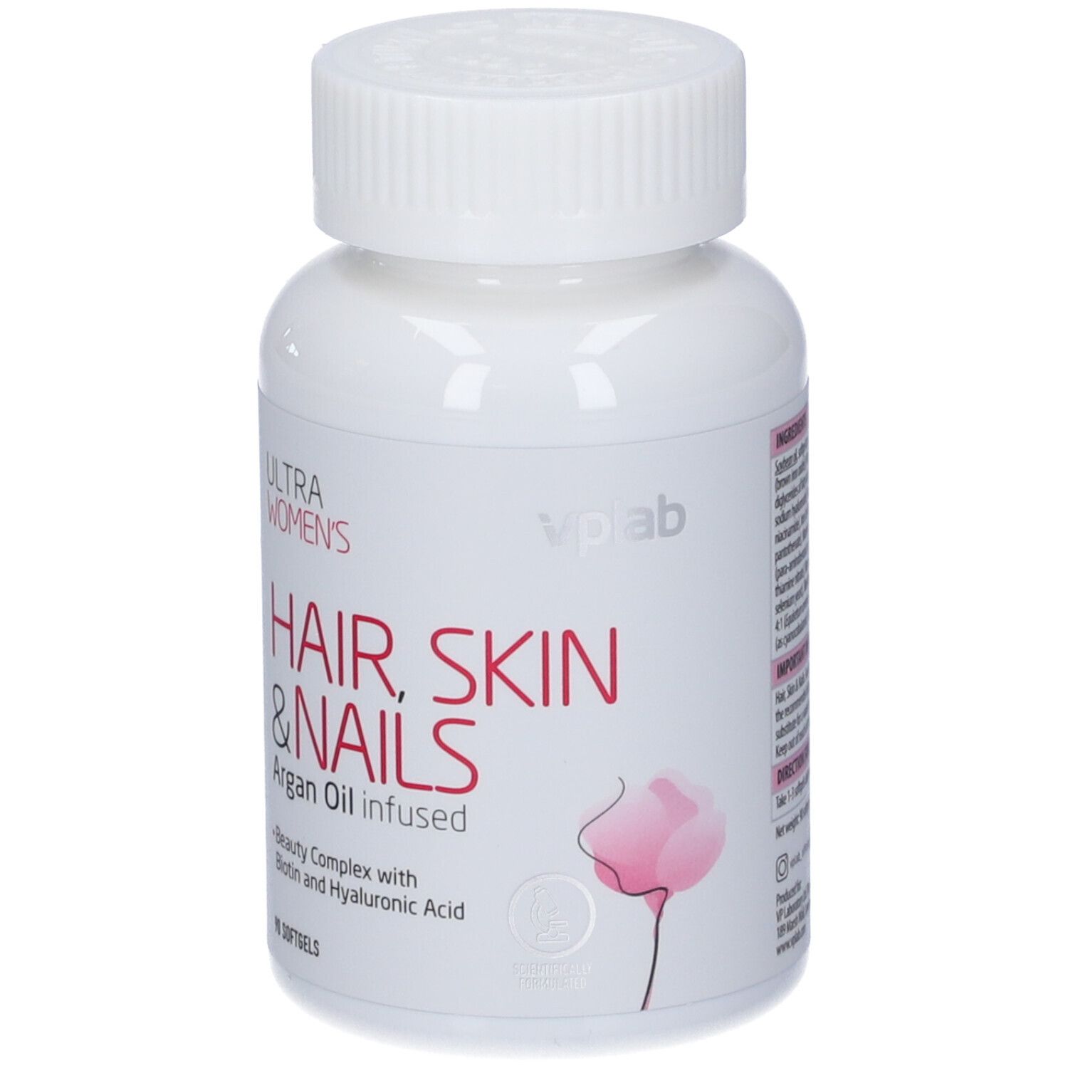 Flacone bianco con nome e logo del prodotto. Nome del prodotto: Hair, Skin & Nails. Marchio: VPLAB Ultra Women's.