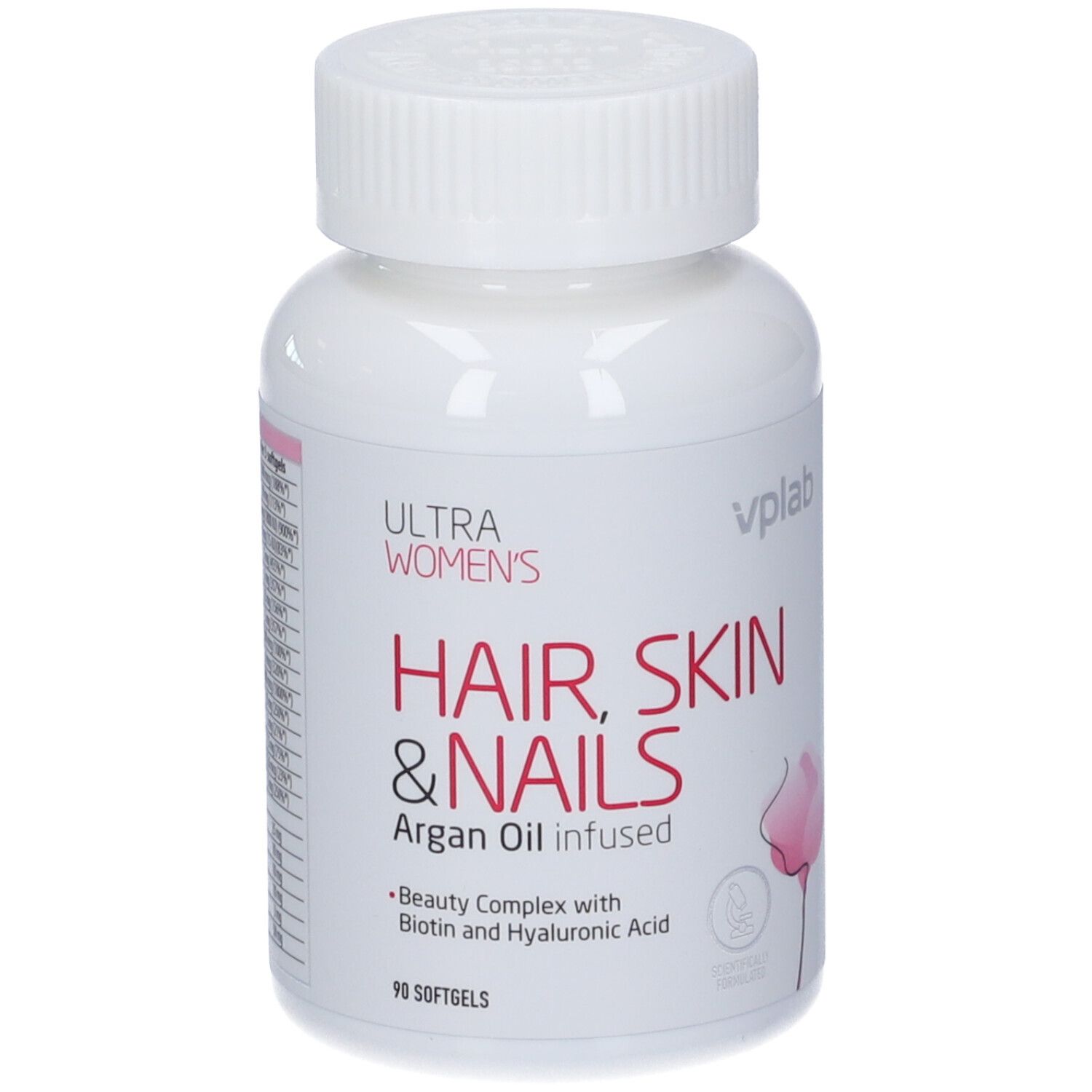 Prodotto e confezione. Flacone bianco e scatola. Nome del prodotto: Hair, Skin & Nails. Marchio: VPLAB.