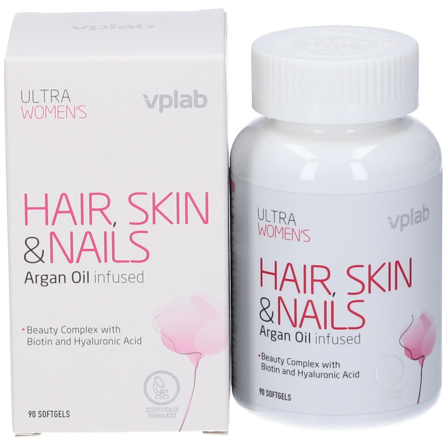 Scatola bianca con nome e logo del prodotto. Nome del prodotto: Hair, Skin & Nails. Marchio: VPLAB Ultra Women's.