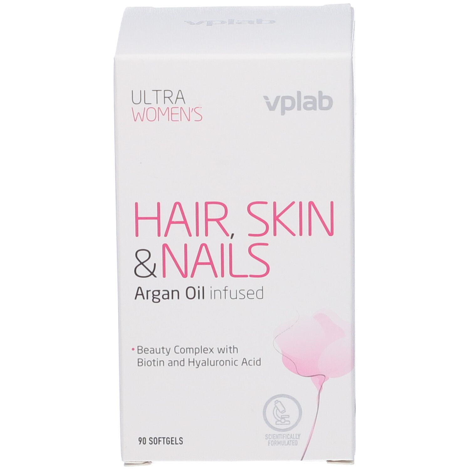 Scatola bianca con nome e logo del prodotto. Nome del prodotto: Hair, Skin & Nails. Marchio: VPLAB Ultra Women's.