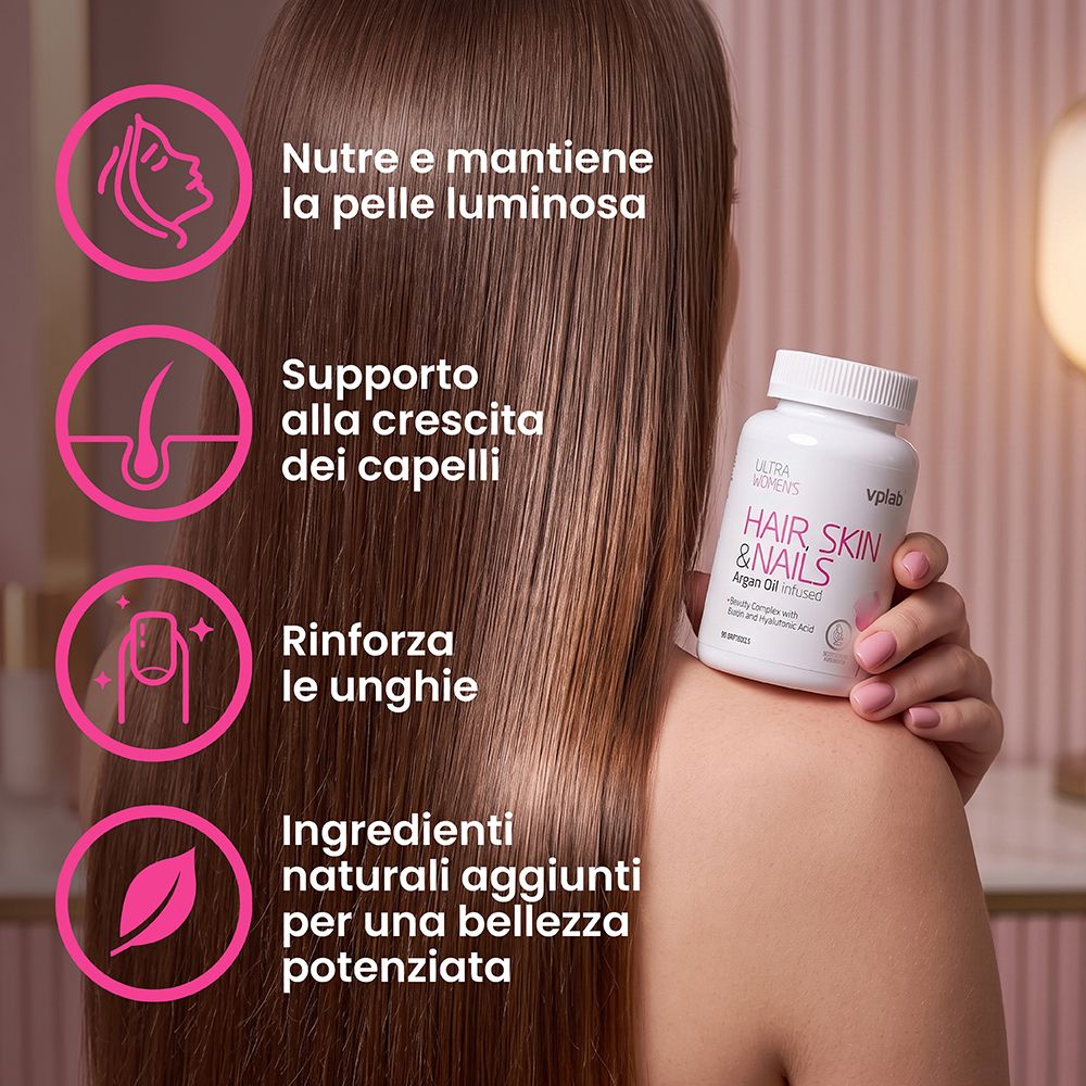 Donna con capelli lunghi tiene un flacone VPLAB Ultra Women's Hair, Skin & Nails. Icone per capelli, pelle, unghie.