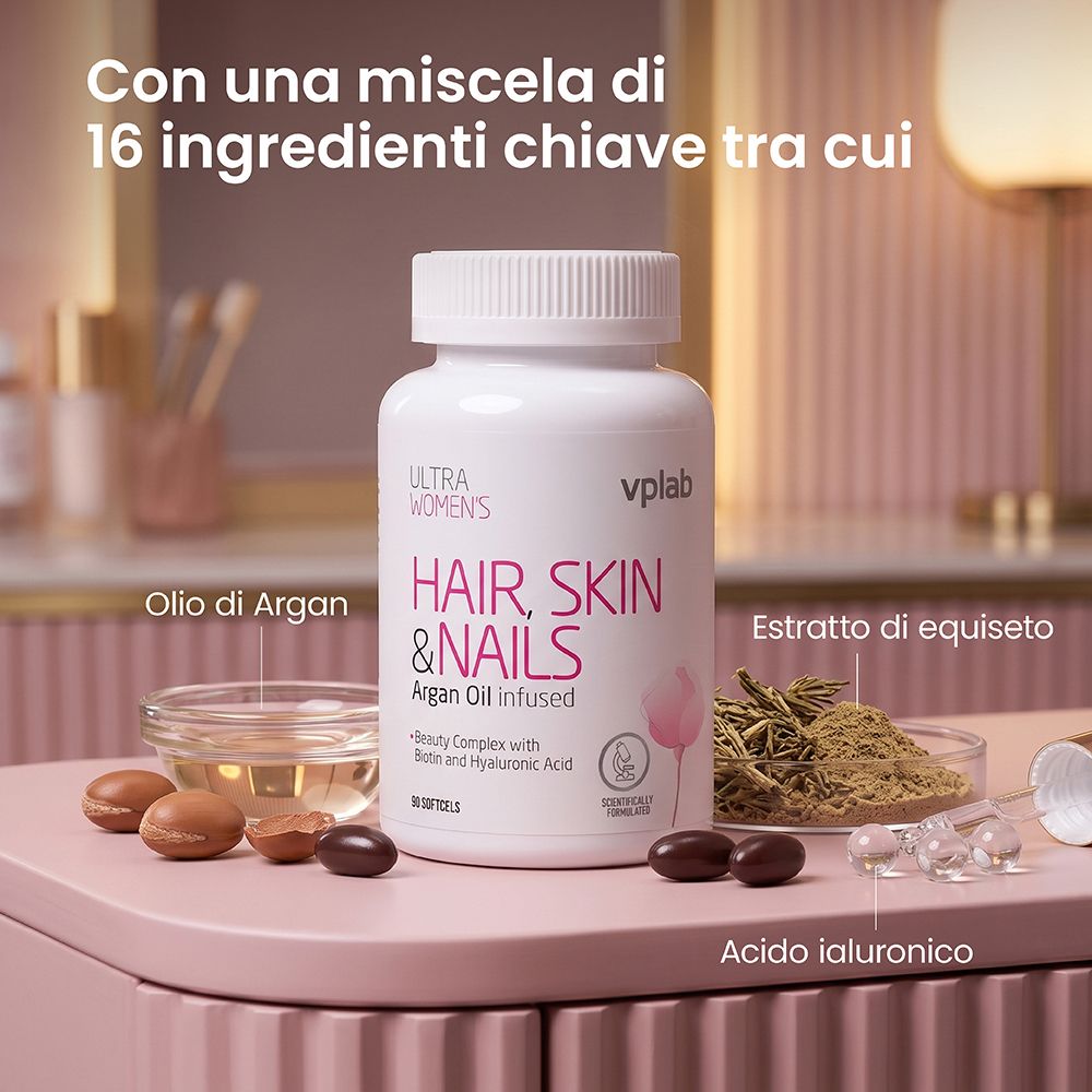 Flacone VPLAB Ultra Women's Hair, Skin & Nails con olio di argan, estratto di equiseto e acido ialuronico.