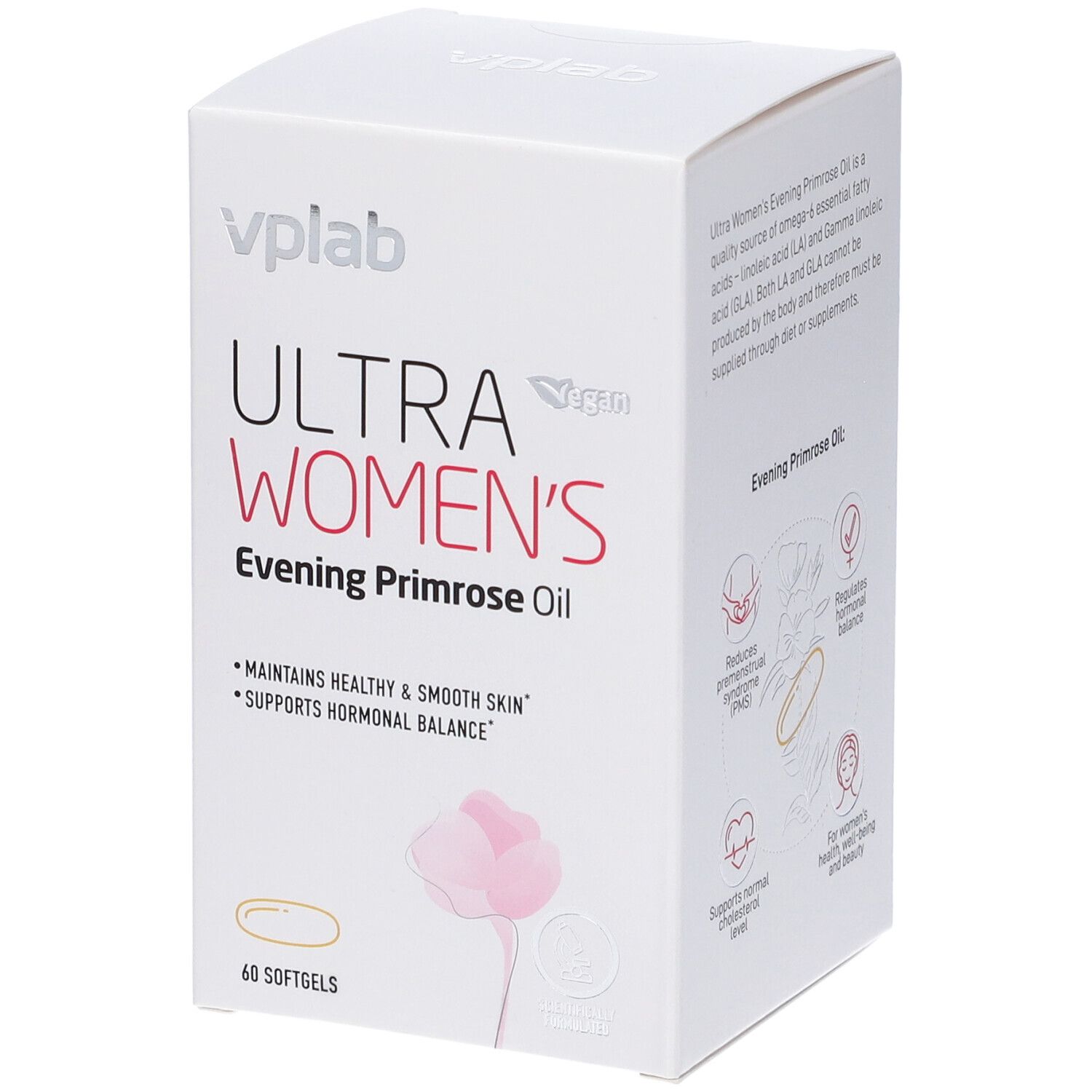 Scatola bianca con stampa del prodotto. Scritta: ULTRA WOMEN'S Evening Primrose Oil. 60 softgel. Vegano.