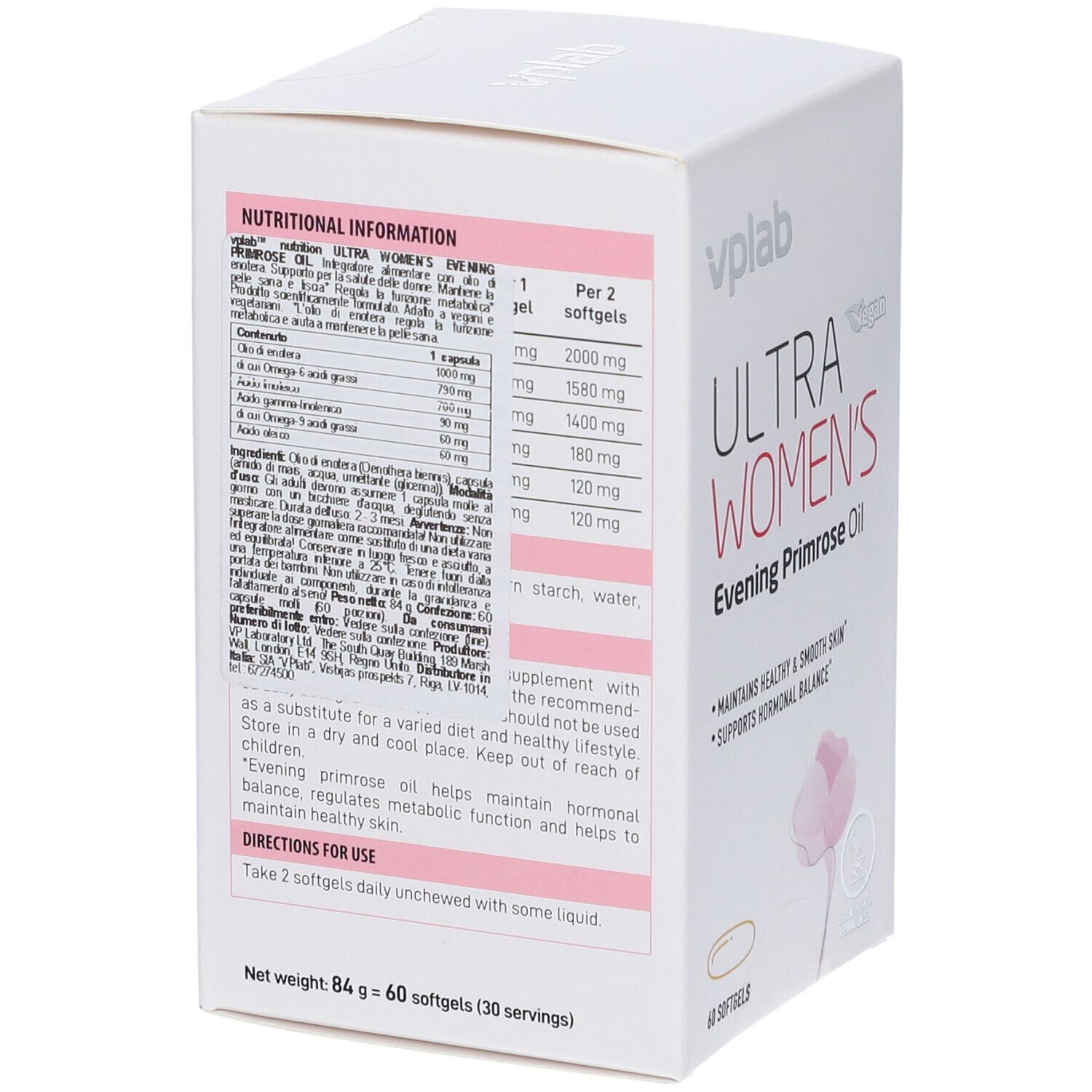 Retro della scatola con informazioni nutrizionali e ingredienti. Istruzioni per l'uso. Peso netto 84 g.