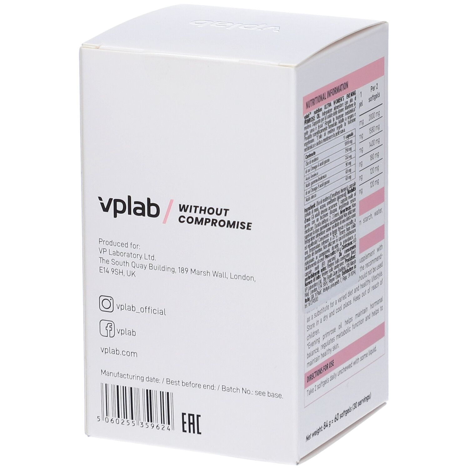 Retro della scatola con informazioni di contatto e codice a barre. Testo: vplab / WITHOUT COMPROMISE.