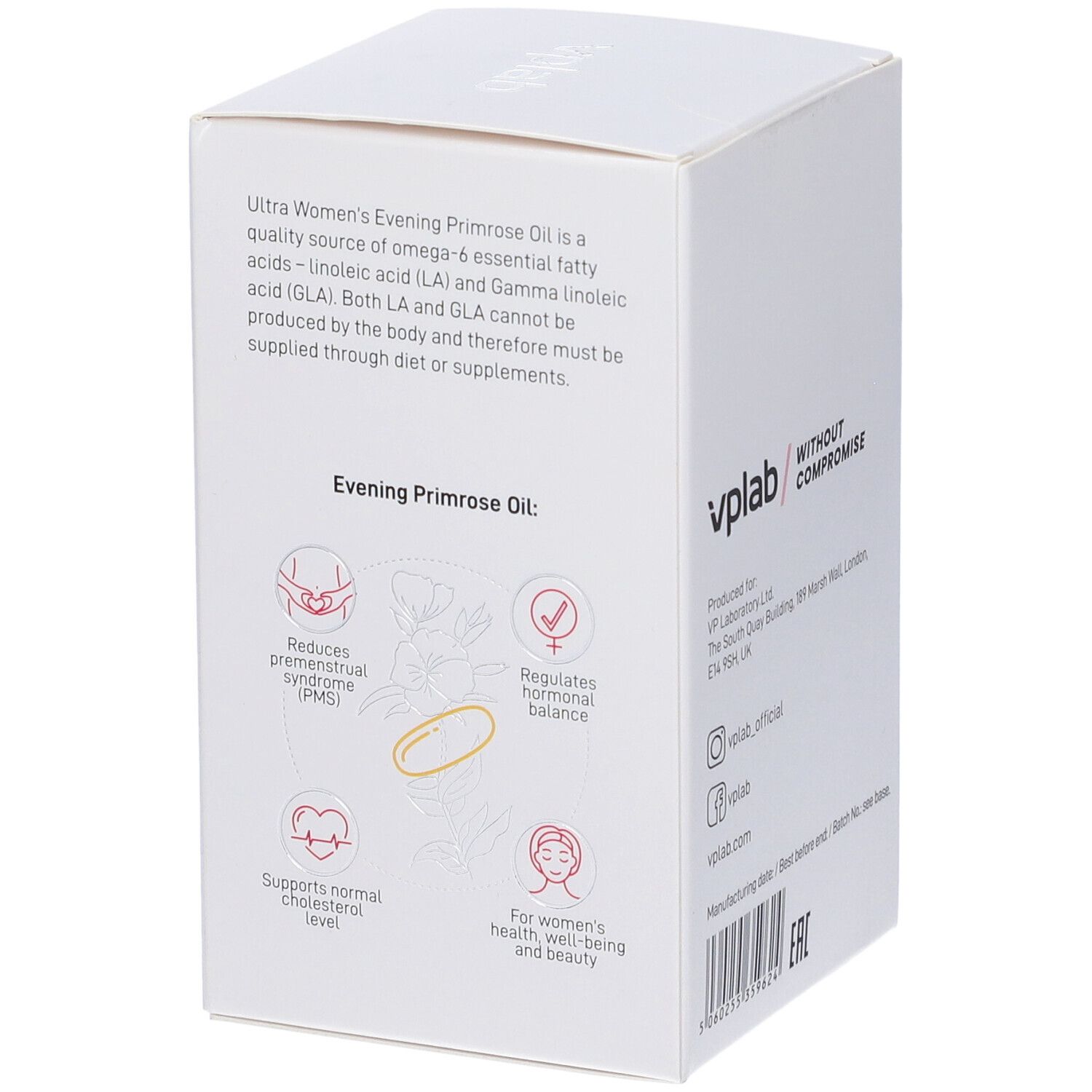 Retro della scatola con informazioni sul prodotto. Grafici con benefici per la salute. Testo: Evening Primrose Oil.