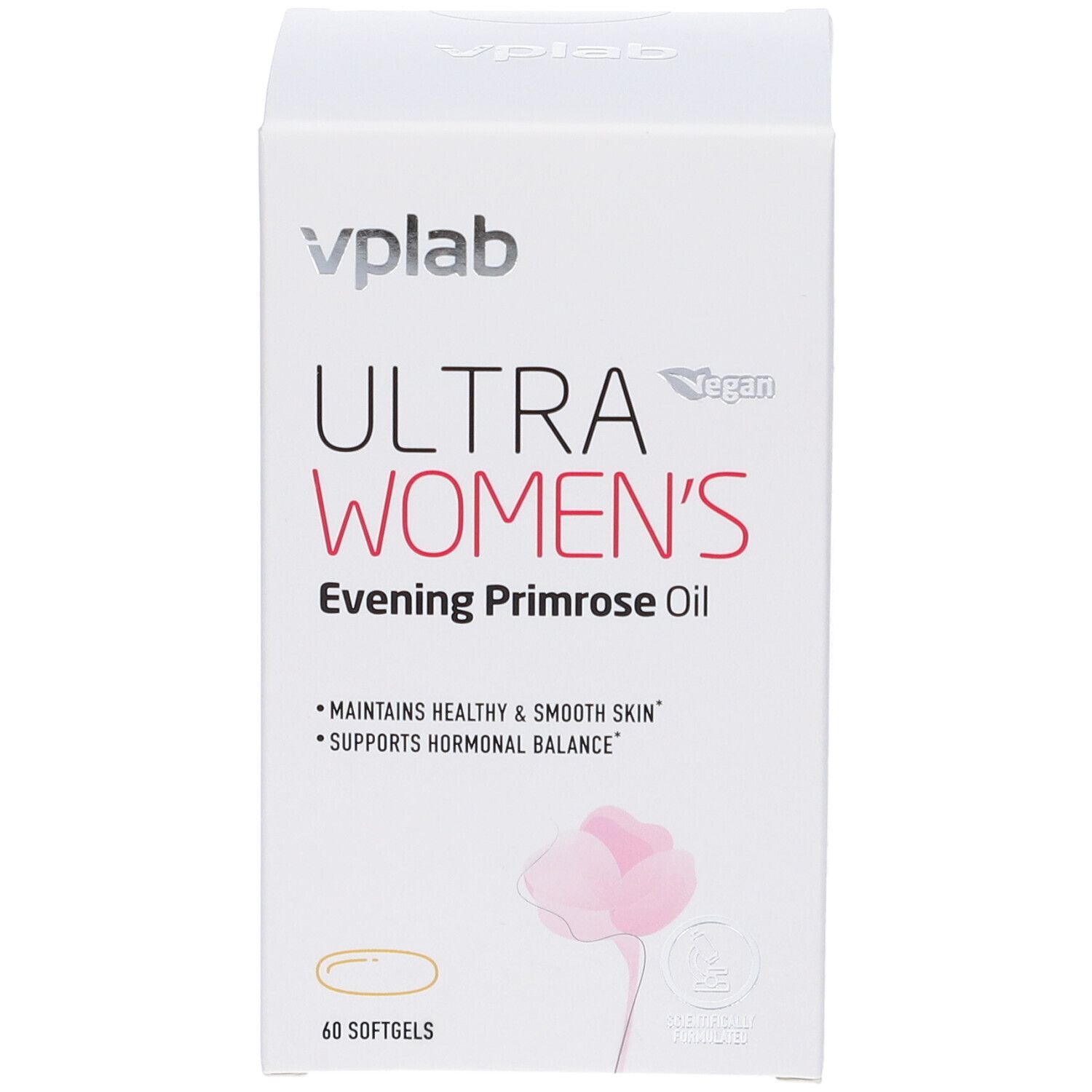 Scatola bianca con stampa del prodotto. Scritta: ULTRA WOMEN'S Evening Primrose Oil. 60 softgel. Vegano.