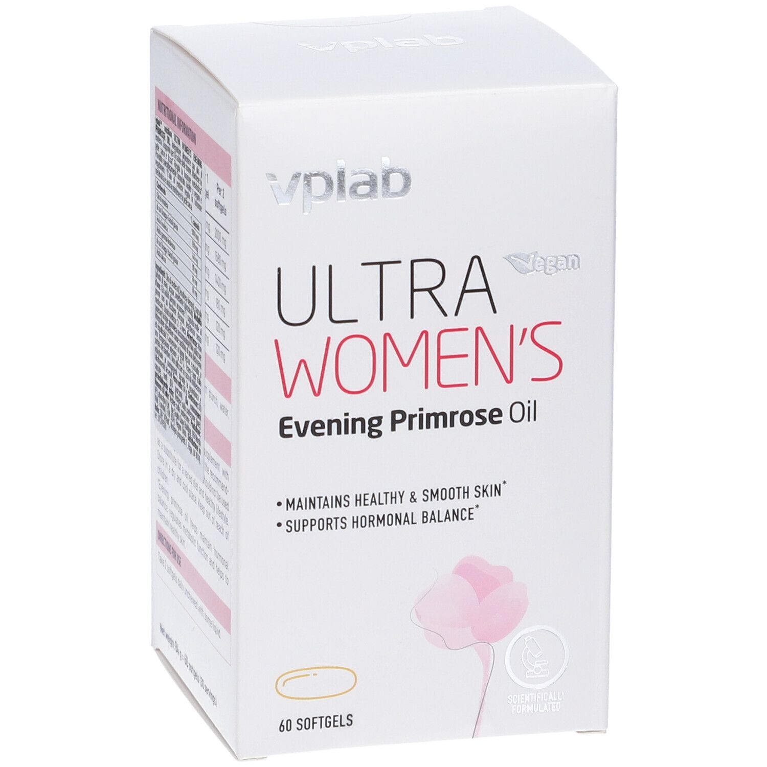 Scatola bianca con stampa del prodotto. Scritta: ULTRA WOMEN'S Evening Primrose Oil. 60 softgel. Vegano.