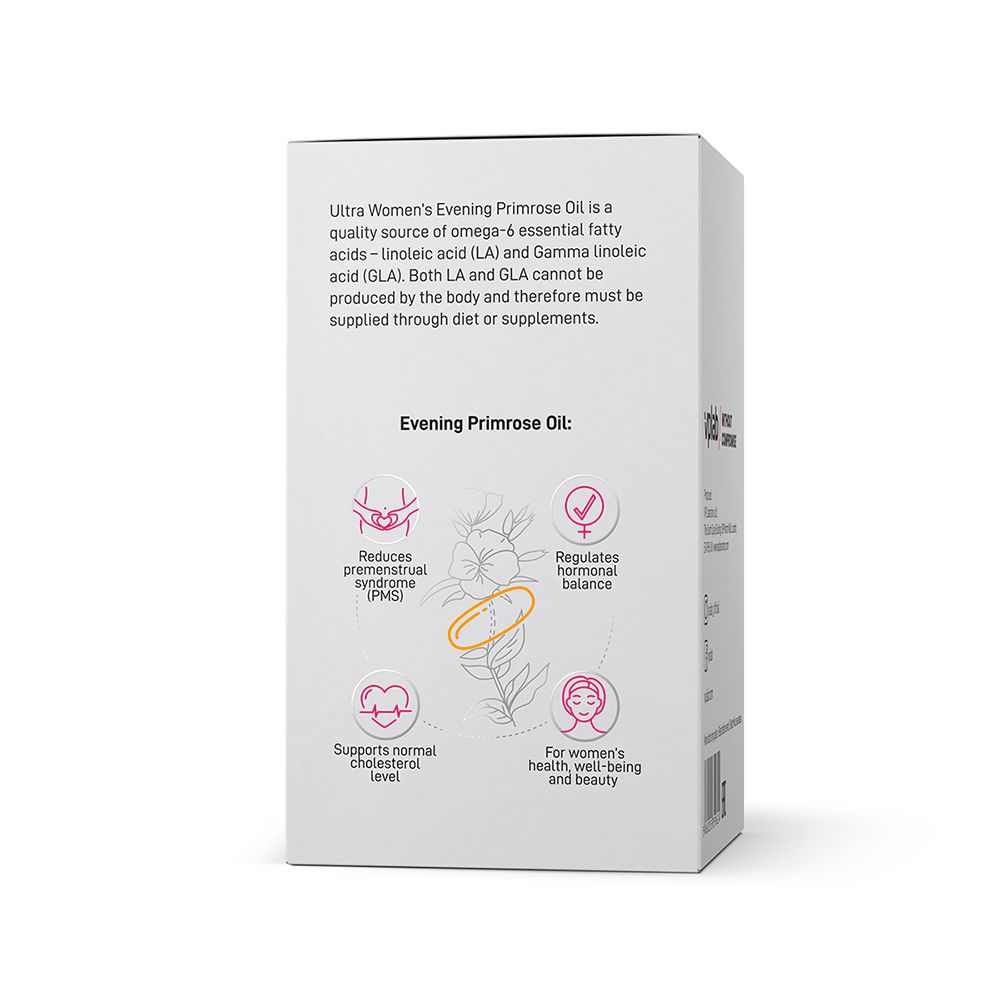 Retro della scatola con informazioni sul prodotto. Grafici con benefici per la salute. Testo: Evening Primrose Oil.