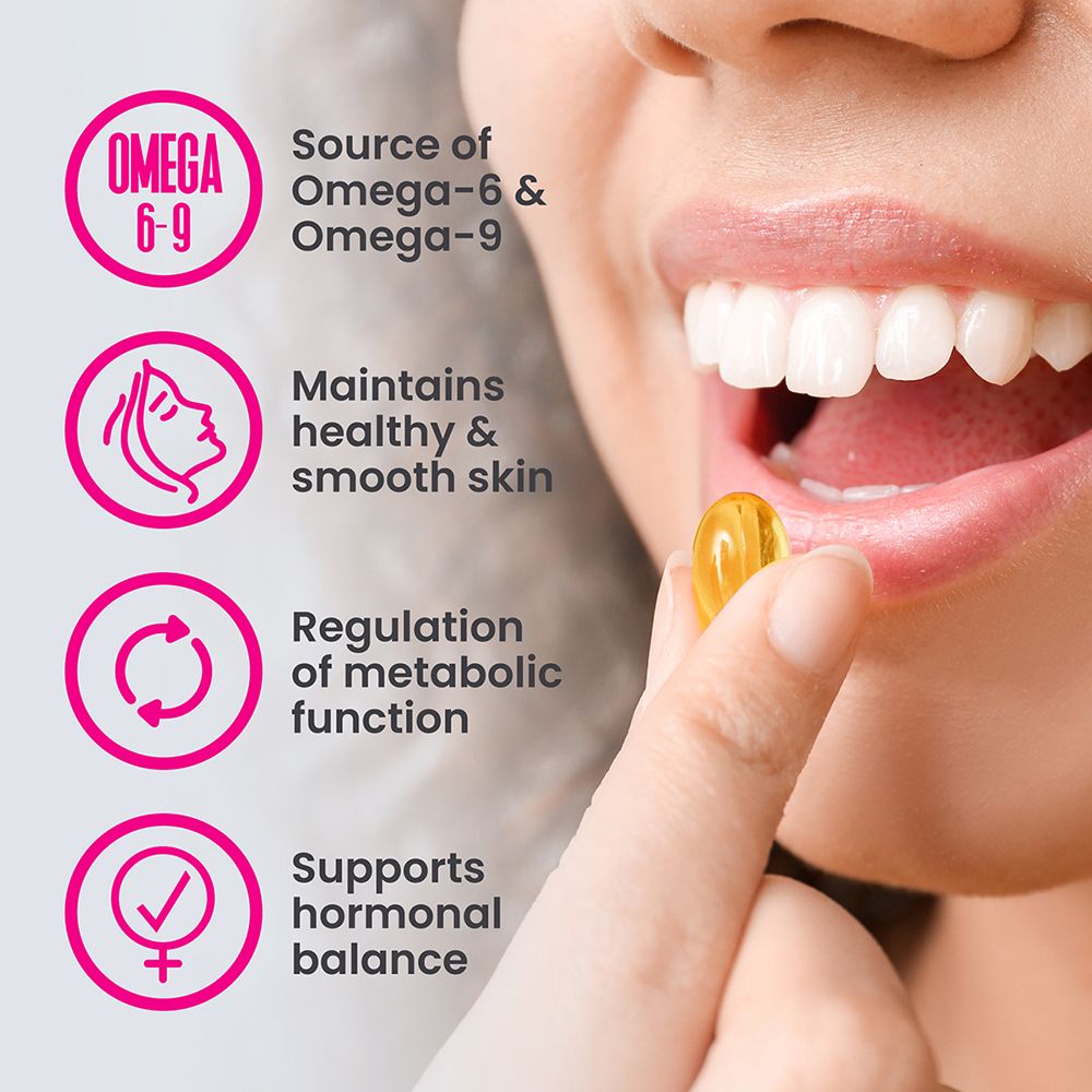 Grafico con benefici per la salute. Testo: Omega 6-9, pelle sana, funzione metabolica, equilibrio ormonale.