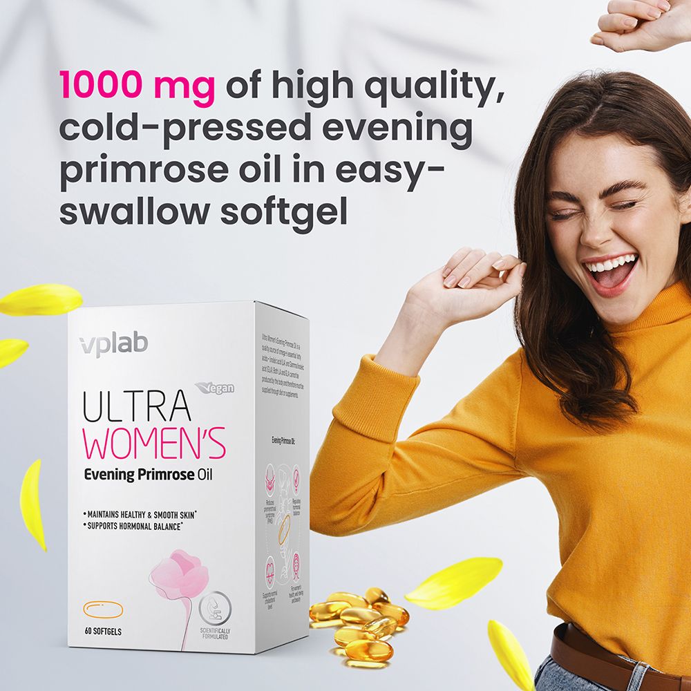 Confezione del prodotto e capsule. Scritta: ULTRA WOMEN'S Evening Primrose Oil. 60 softgel. Vegano.