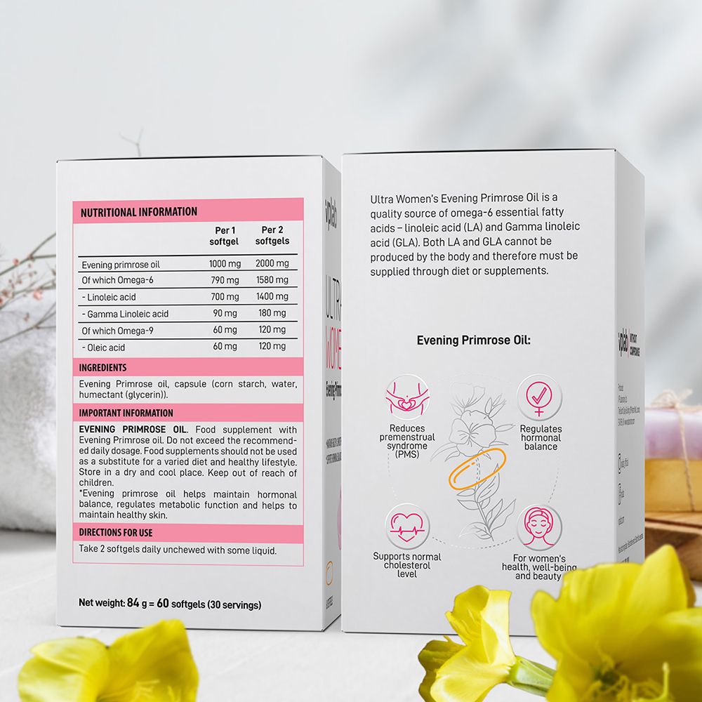 Due scatole con informazioni sul prodotto. Scritta: ULTRA WOMEN'S Evening Primrose Oil. 60 softgel. Vegano.