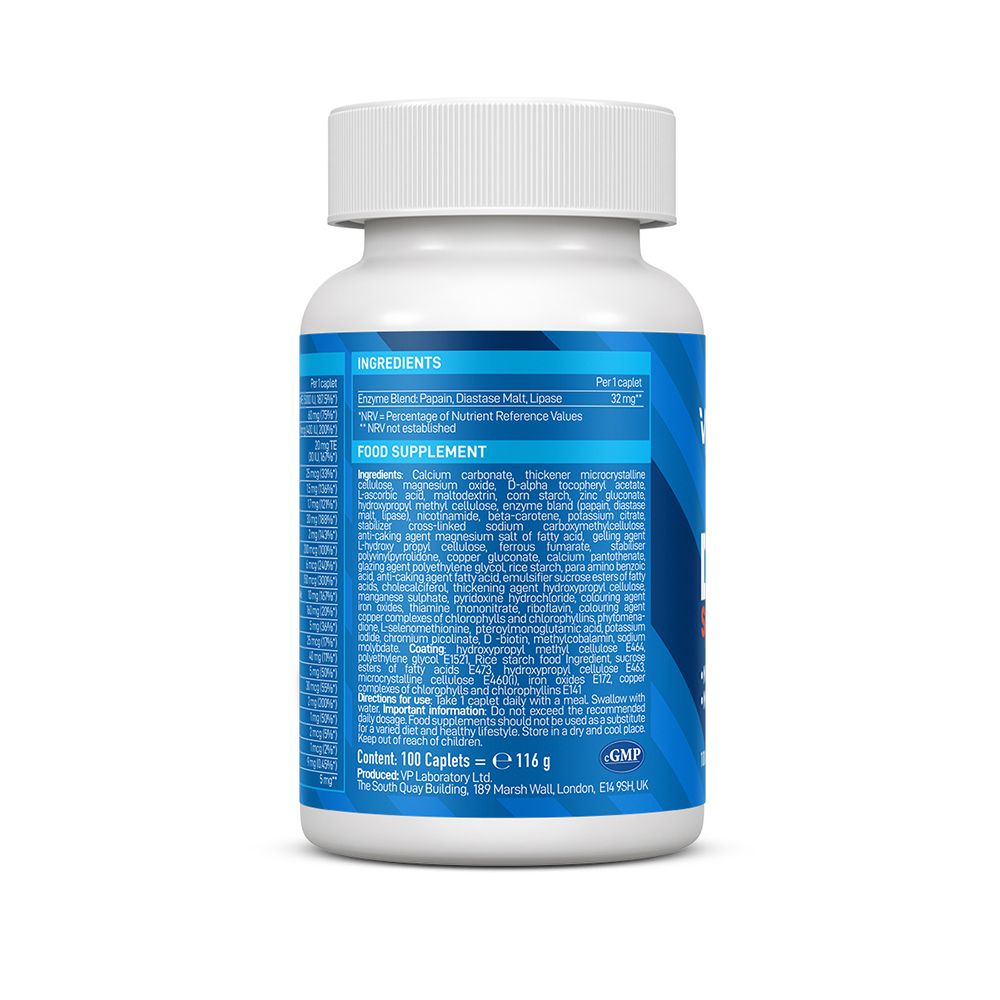 Retro del flacone bianco. Etichetta blu con ingredienti e informazioni nutrizionali. 100 capsule = 116 g.