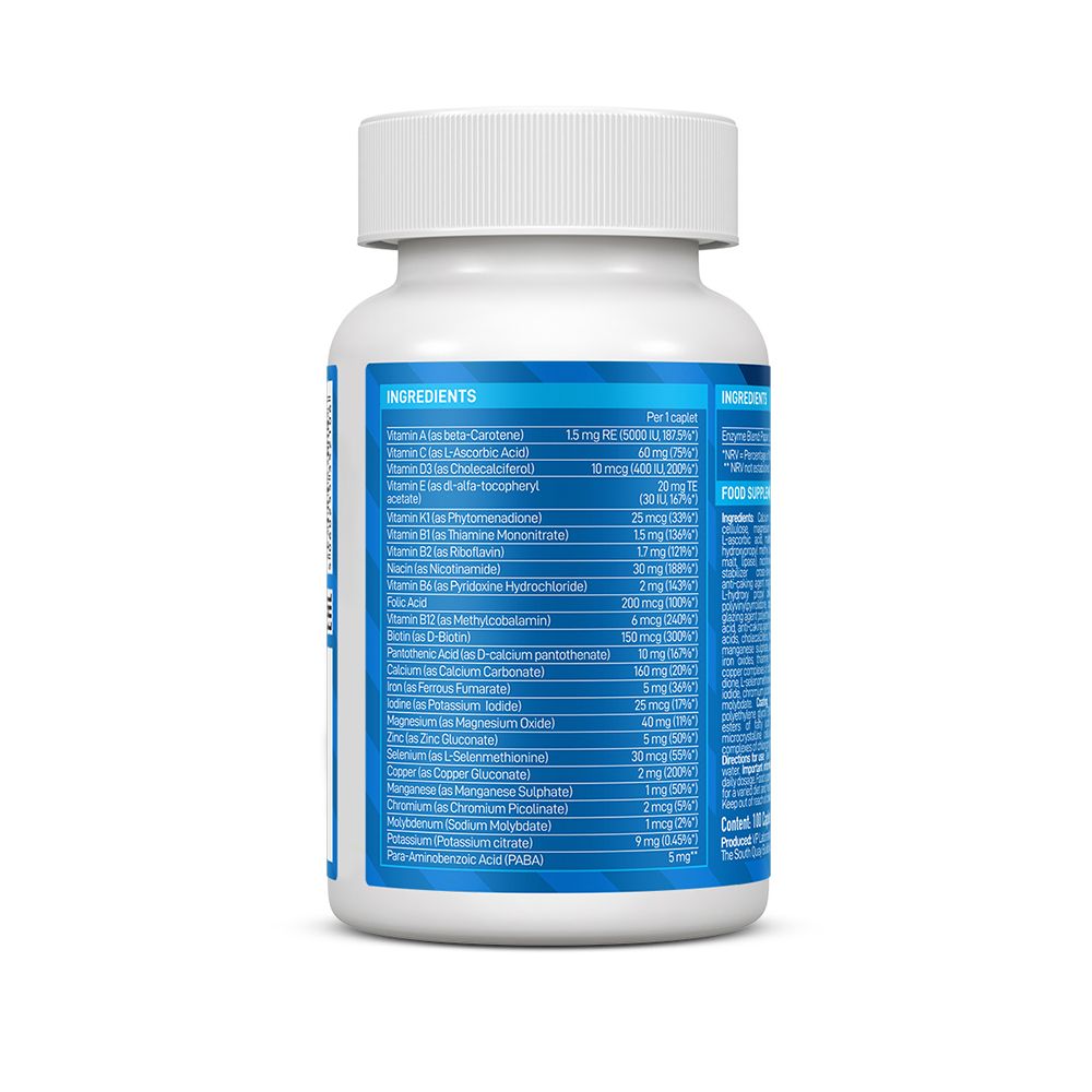 Retro del flacone bianco. Etichetta blu con ingredienti e informazioni nutrizionali. Elenco di vitamine e minerali.