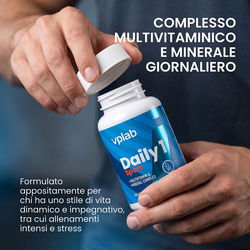 Flacone Vplab Daily 1 Sport Multivitamin & Mineral Complex con tappo bianco.