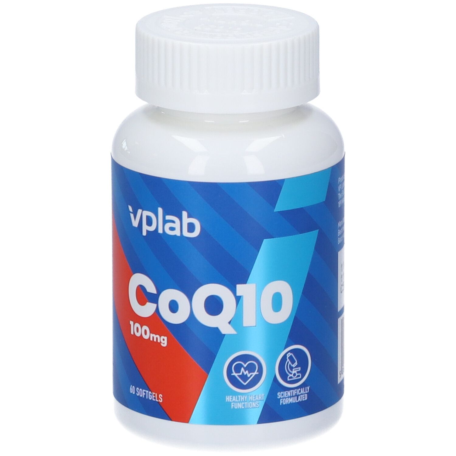 Flacone bianco con capsule. Scritta CoQ10 100mg, marchio VPLAB. 60 softgels. Sfondo blu.