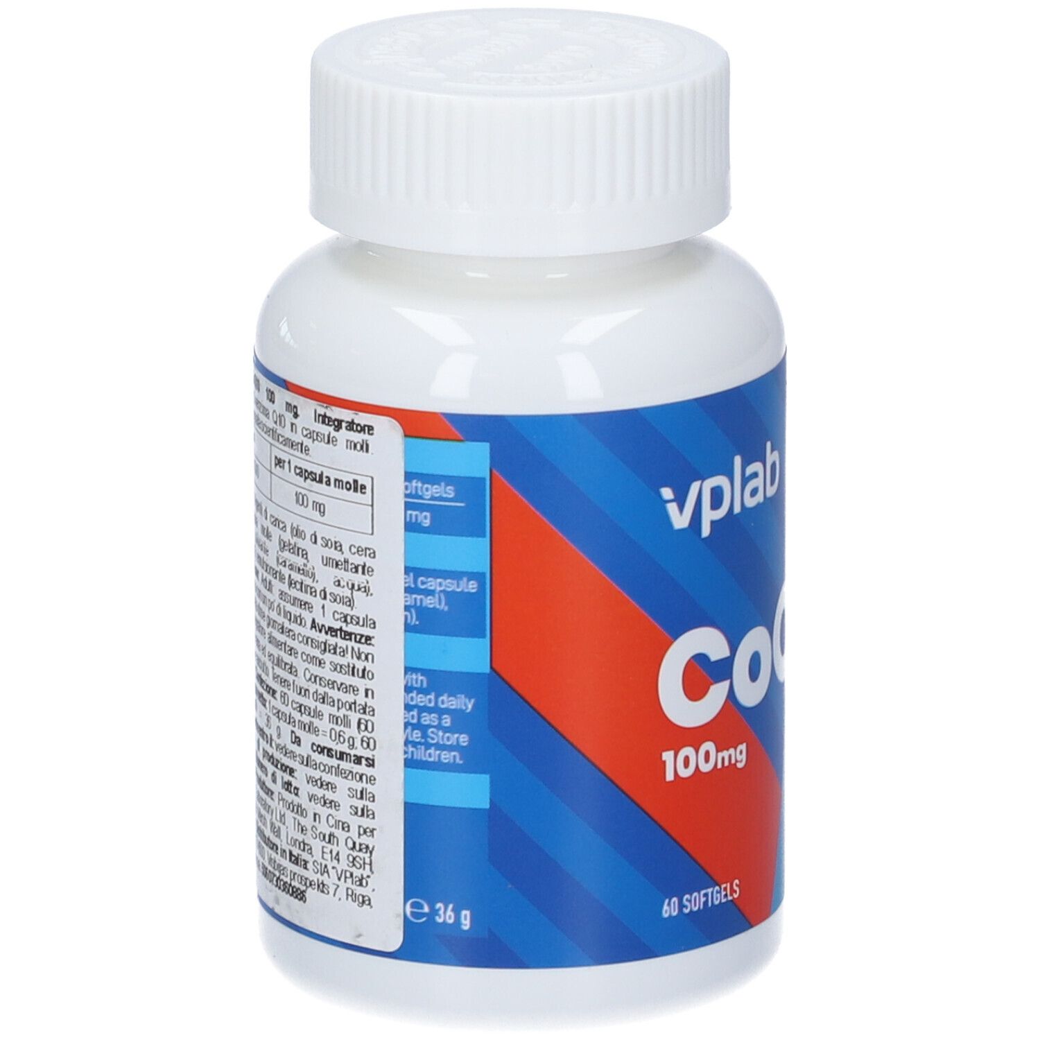 Flacone con etichetta. Testo in italiano. Marchio VPLAB. CoQ10 100mg. 60 softgels.