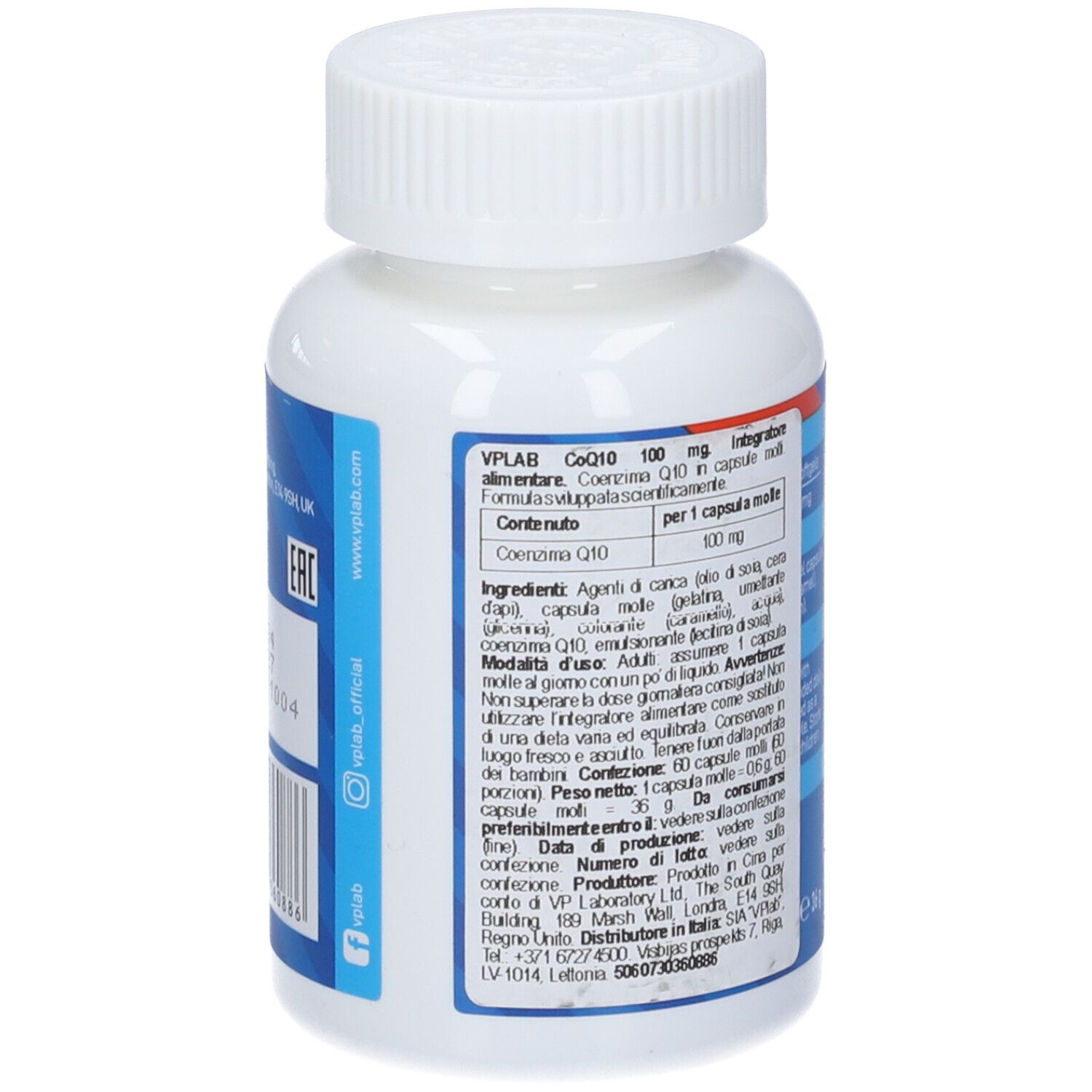 Retro del flacone. Testo in italiano. Marchio VPLAB. CoQ10 100mg. 60 softgels.