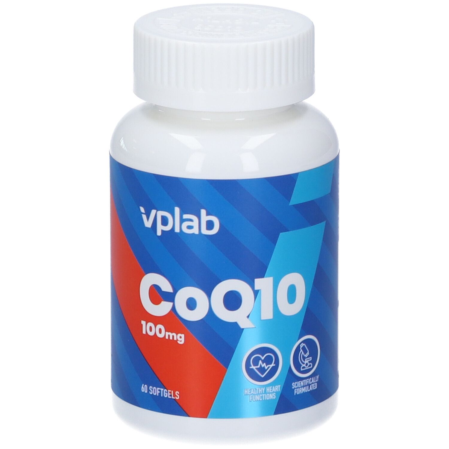Flacone bianco con capsule. Scritta CoQ10 100mg, marchio VPLAB. 60 softgels. Sfondo blu.