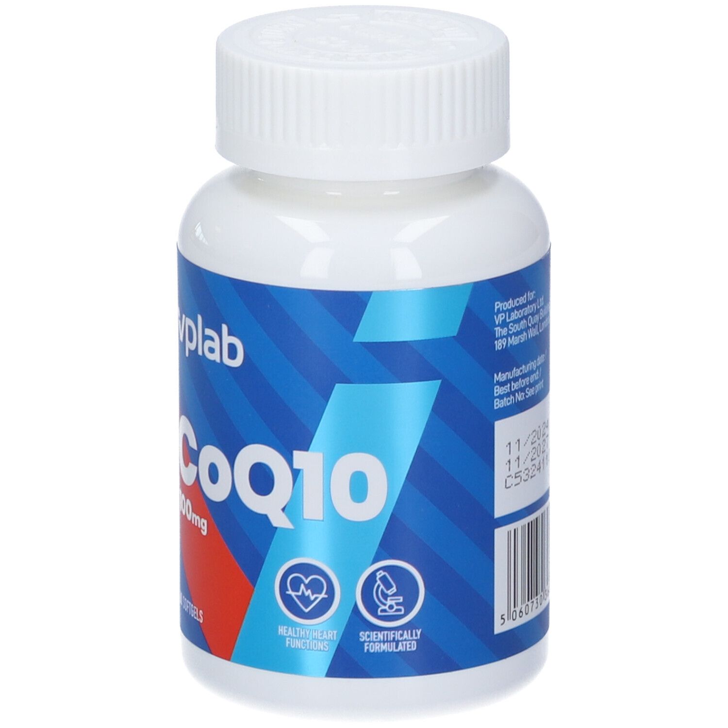 Flacone con etichetta. Marchio VPLAB. CoQ10 100mg. 60 softgels. Codice a barre. Scadenza.