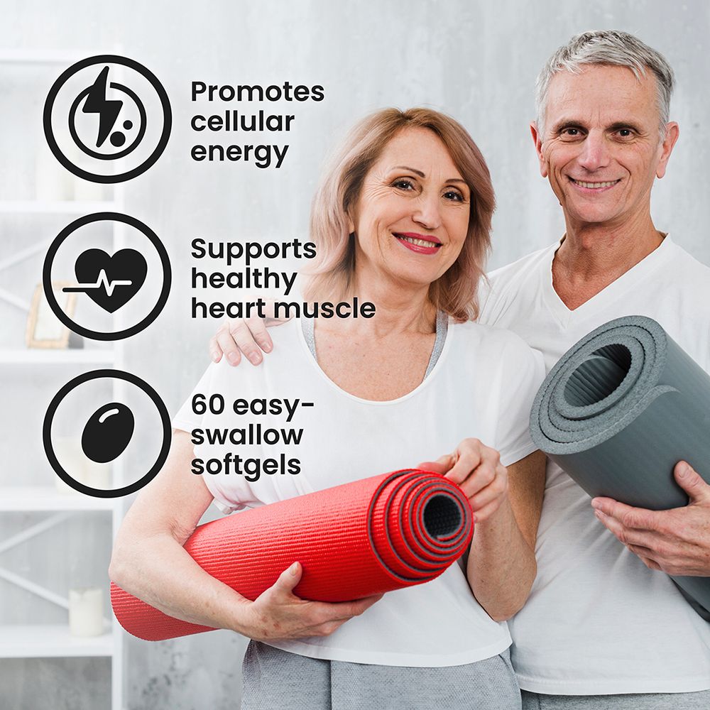 Coppia con tappetino yoga. Simboli: energia cellulare, muscolo cardiaco, 60 softgels. Testo in inglese.