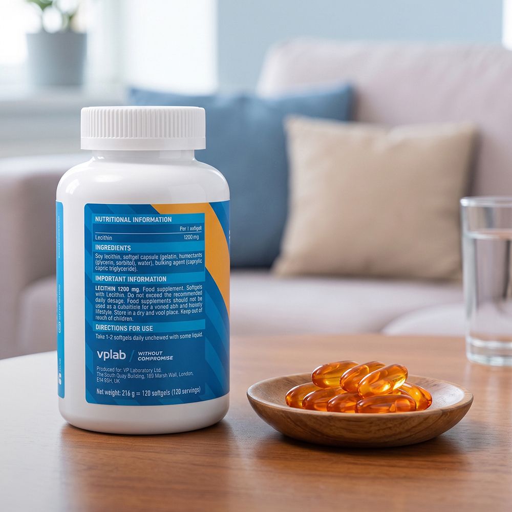 Flacone bianco di integratori alimentari e una ciotolina con capsule ambrate.