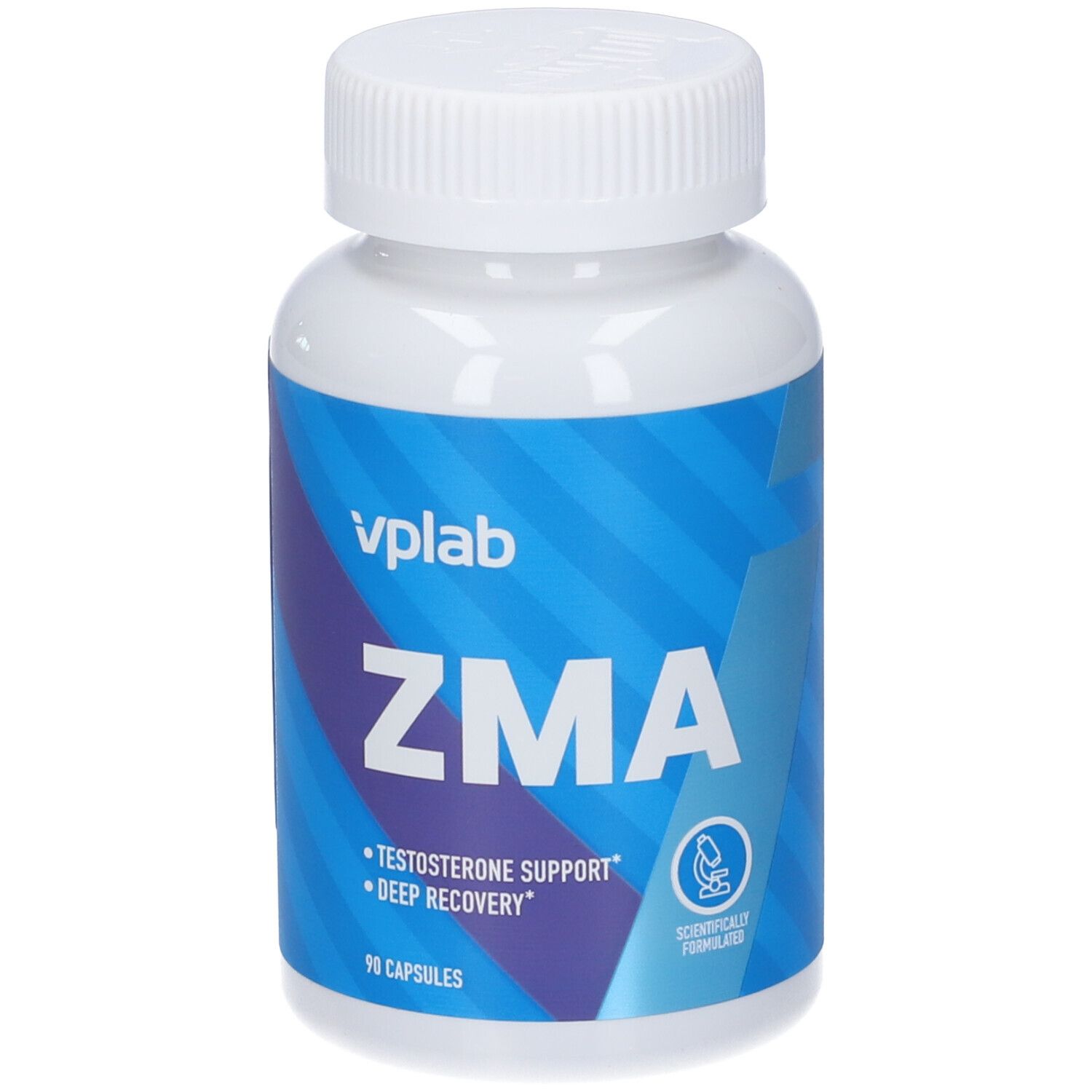 Flacone bianco con etichetta blu. Scritta ZMA, marchio VPLAB. Capsule. Supporto testosterone.