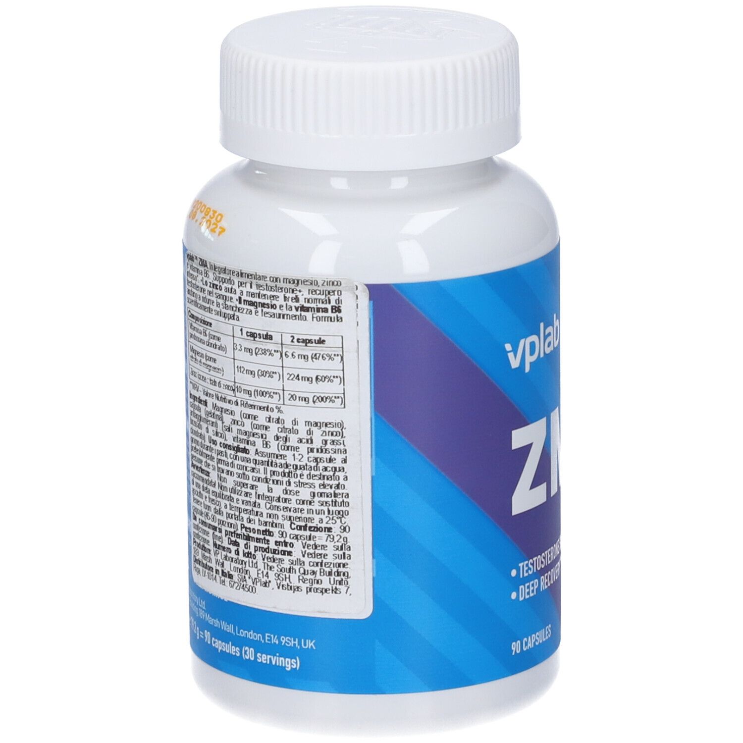 Flacone con etichetta blu. Scritta ZMA, marchio VPLAB. Informazioni nutrizionali e ingredienti.