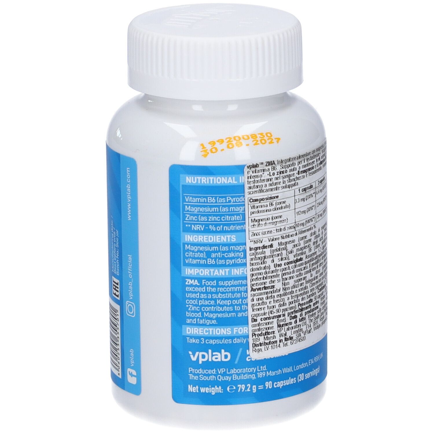 Retro del flacone bianco. Etichetta blu con informazioni nutrizionali e ingredienti. Marchio VPLAB.