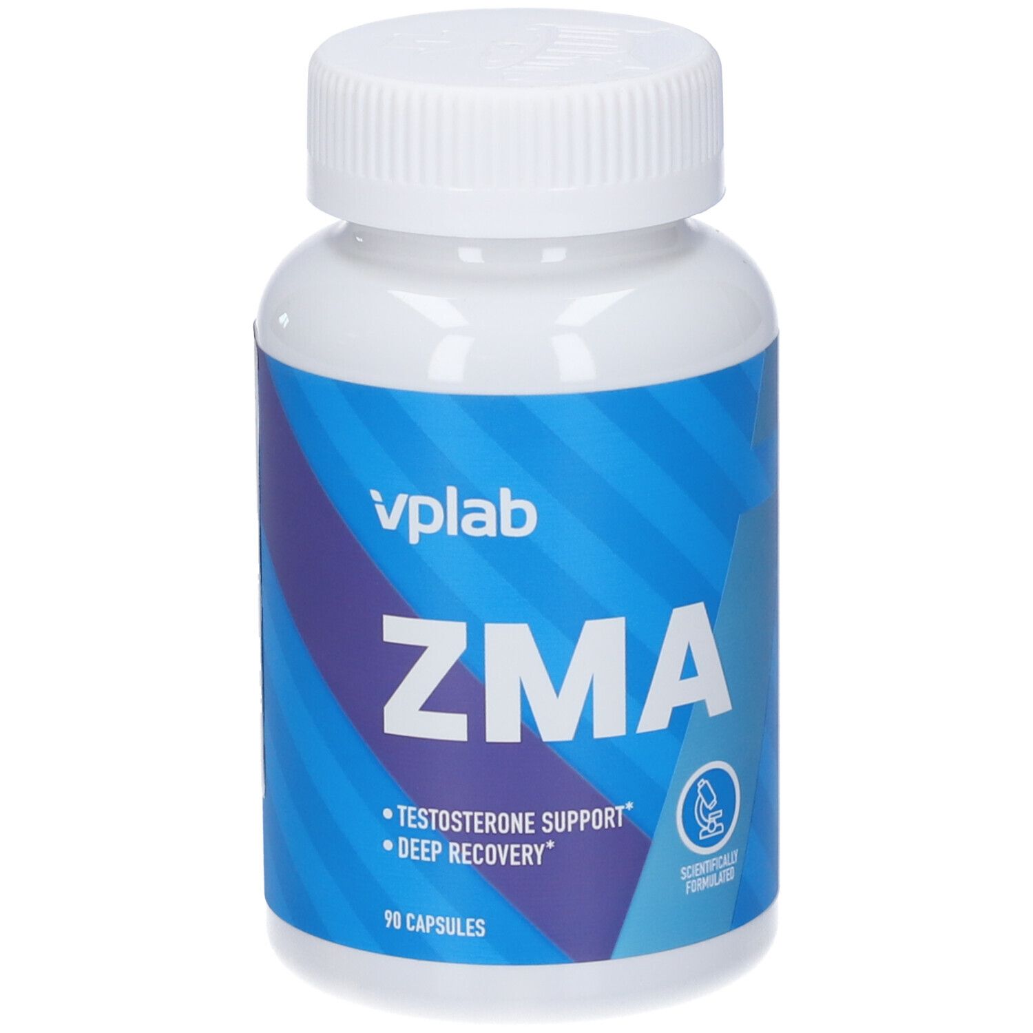 Flacone bianco con etichetta blu. Scritta ZMA, marchio VPLAB. Capsule. Supporto testosterone.