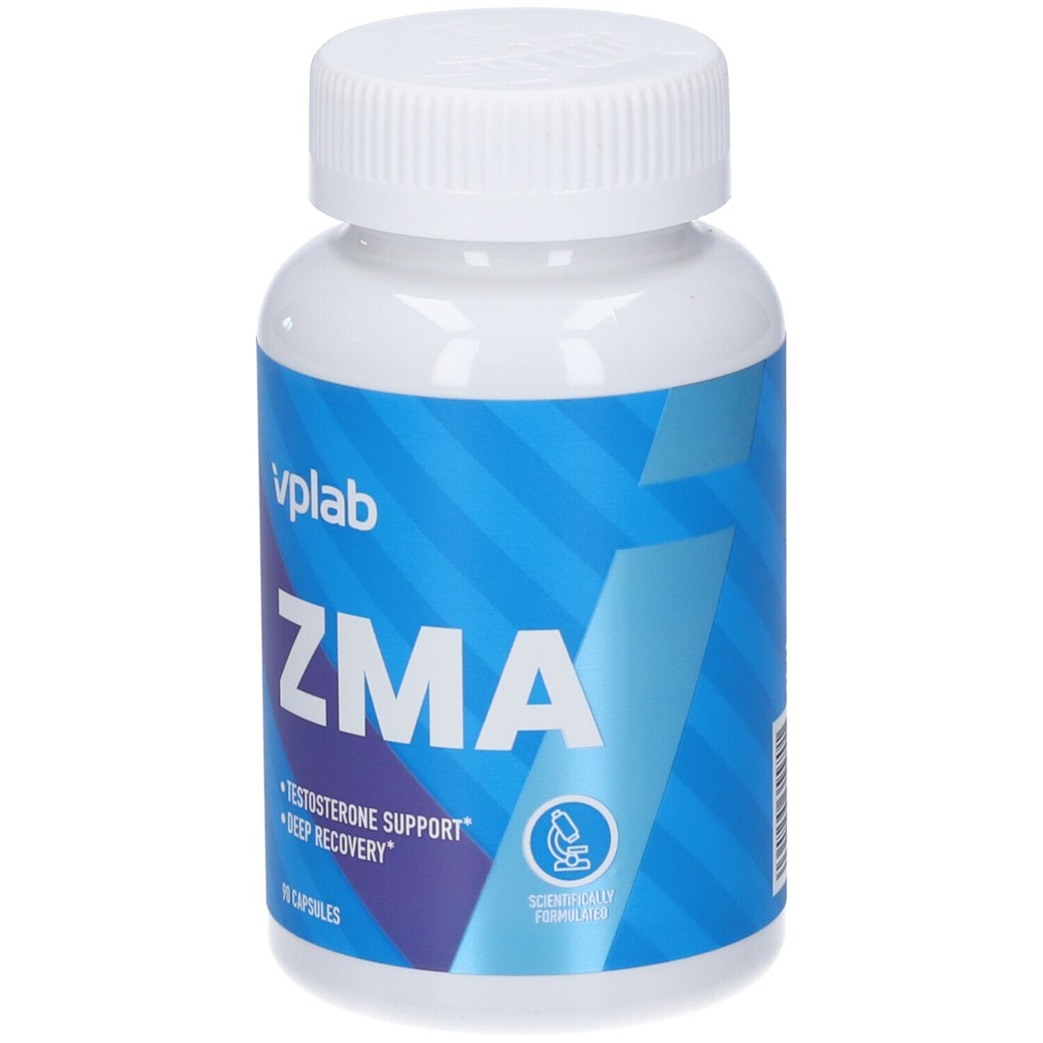 Flacone bianco con etichetta blu. Scritta ZMA, marchio VPLAB. Capsule. Supporto testosterone.