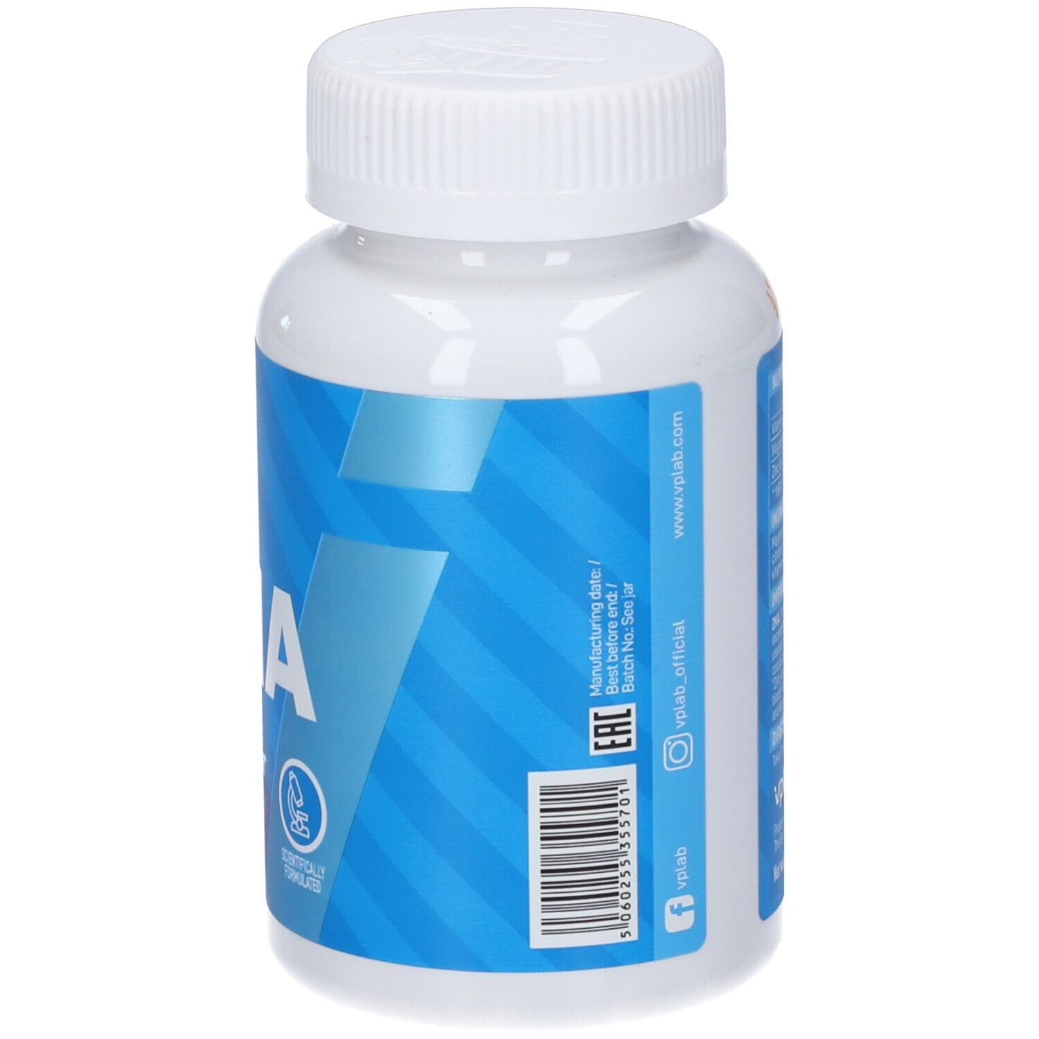 Retro del flacone bianco. Etichetta blu con codice a barre e marchio VPLAB. Contatti.
