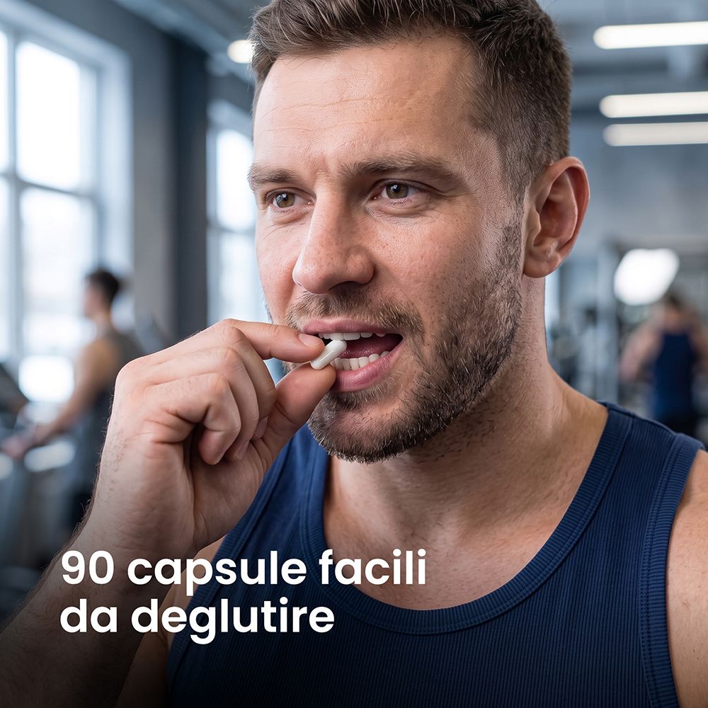 Uomo che assume una capsula Vplab, 90 capsule facili da deglutire.