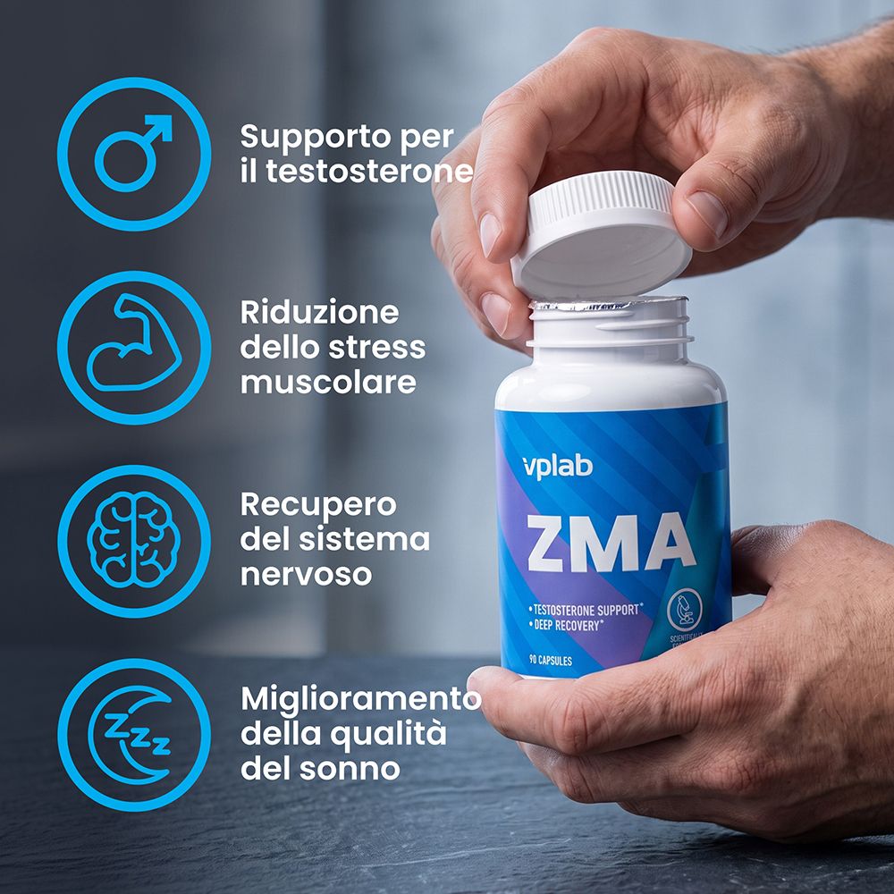 Capsule Vplab ZMA per il supporto del testosterone, il rilassamento muscolare, il sistema nervoso e il sonno.