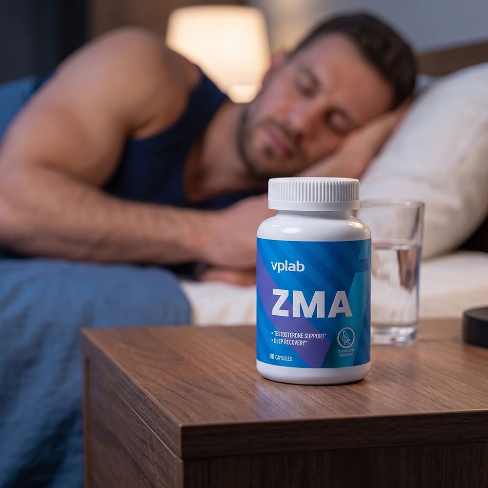 Barattolo di capsule Vplab ZMA sul comodino accanto a un uomo che dorme.