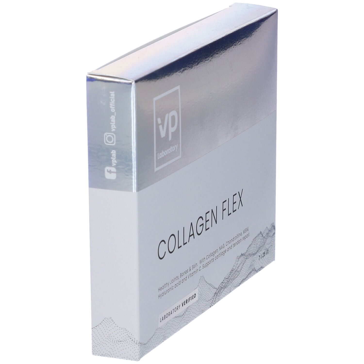 Scatola di VP laboratory Collagen Flex. Testo: Collagen Flex, Laboratory Verified. Logo di VP laboratory.