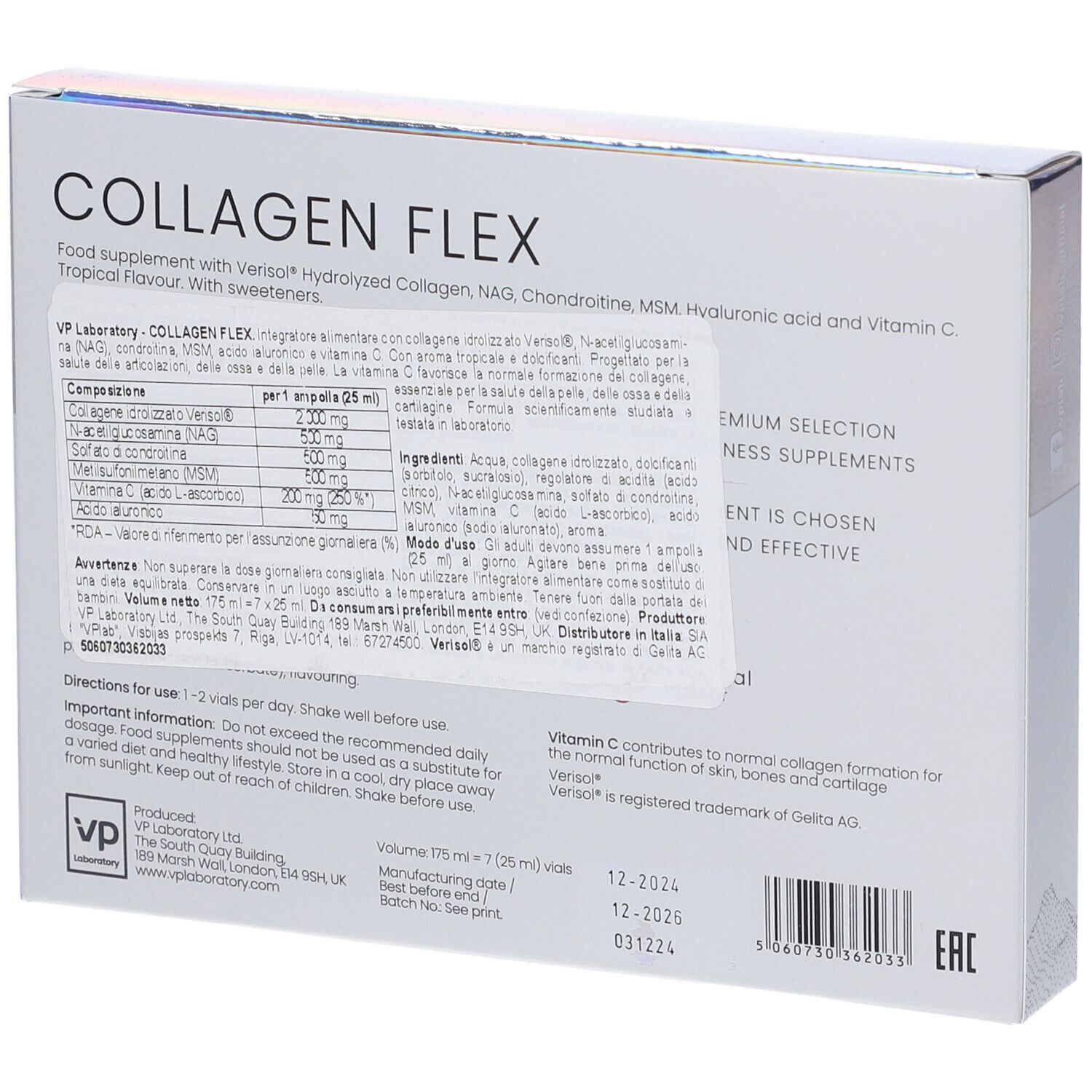 Retro della scatola di VP laboratory Collagen Flex. Contiene informazioni e ingredienti. Testo: Collagen Flex.