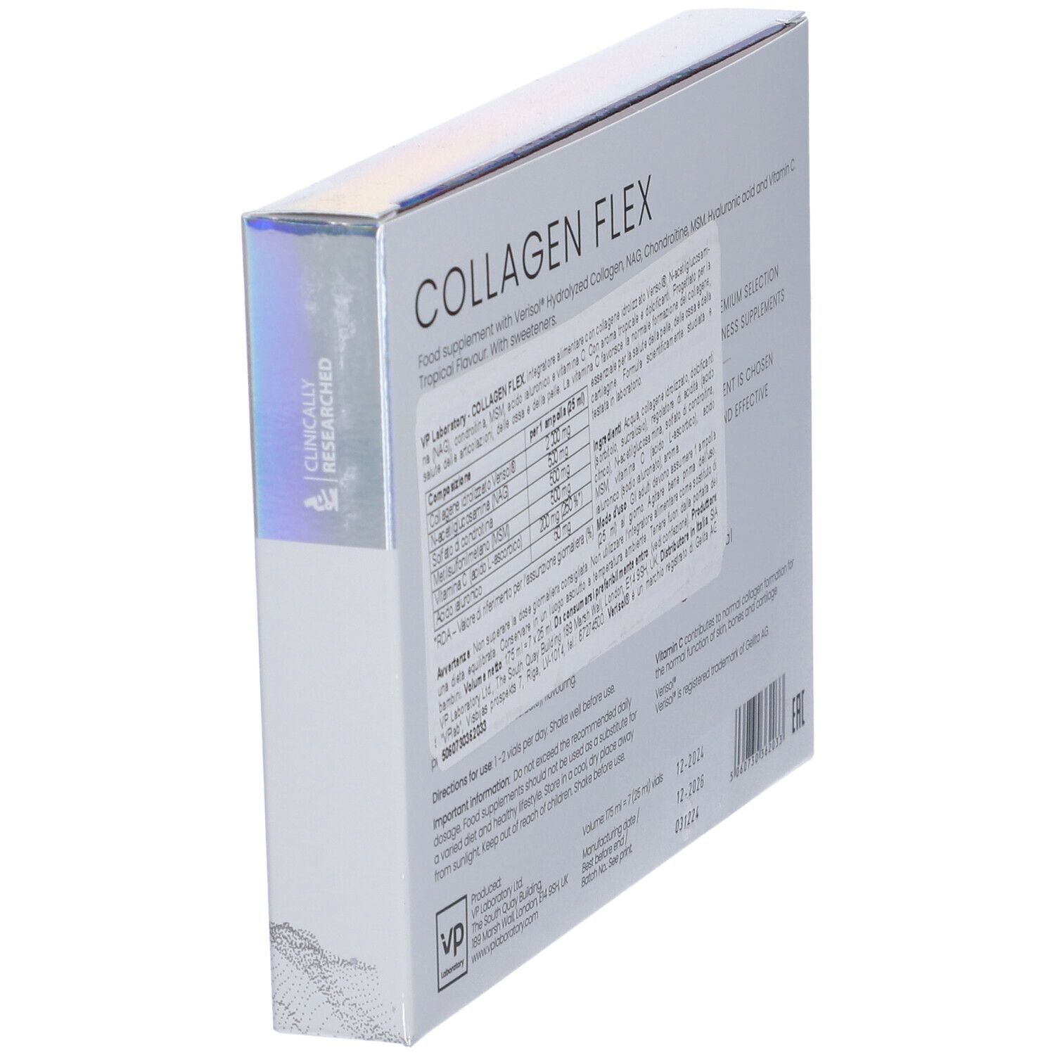 Retro della scatola di VP laboratory Collagen Flex. Contiene informazioni e ingredienti. Testo: Collagen Flex.