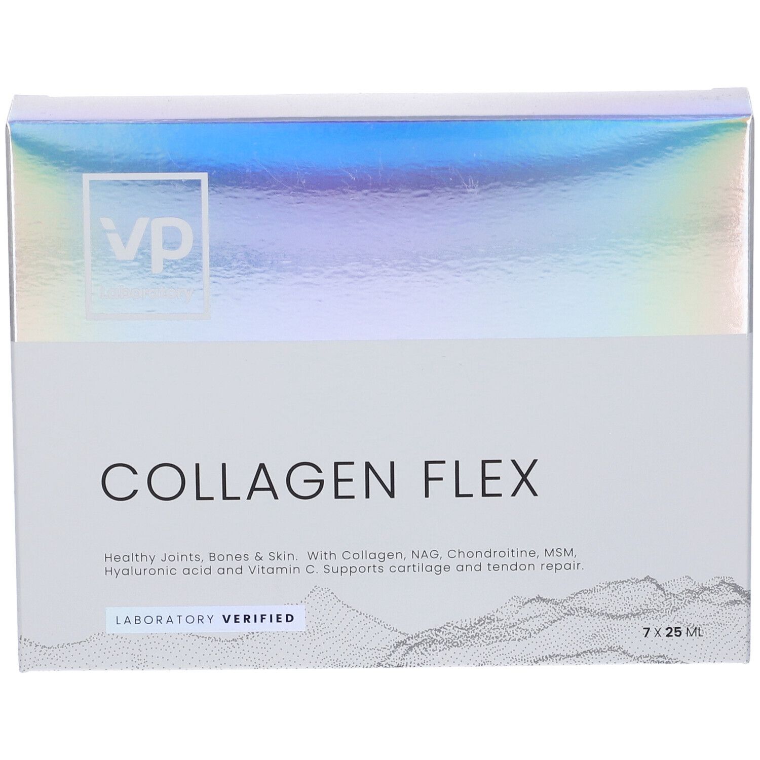 Scatola di VP laboratory Collagen Flex. Testo: Collagen Flex, Laboratory Verified. 7 x 25 ml.