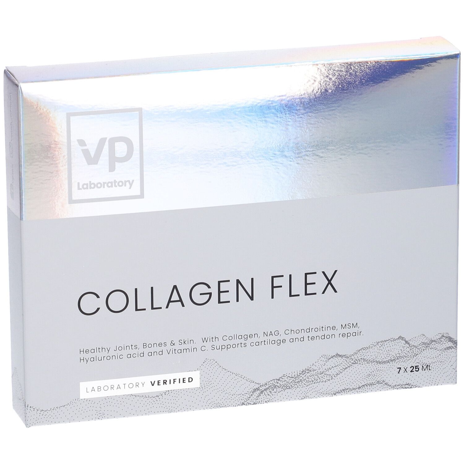 Scatola di VP laboratory Collagen Flex. Testo: Collagen Flex, Laboratory Verified. 7 x 25 ml.